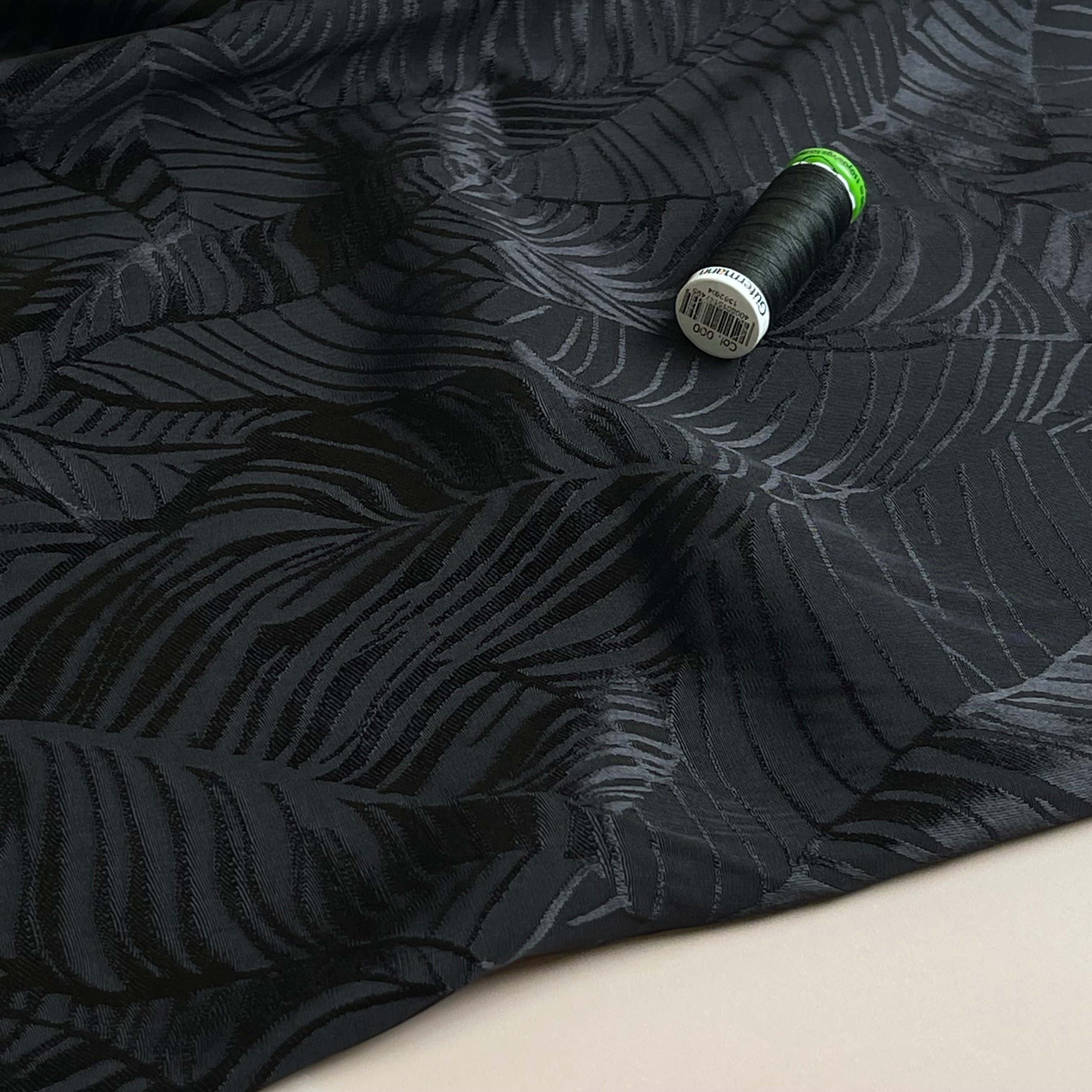 Leaves in Black Viscose Jacquard Sateen