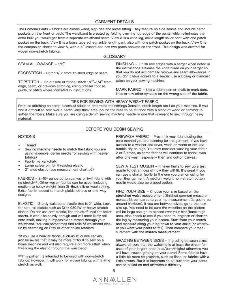 Anna Allen - Pomona Trousers and Shorts Pattern