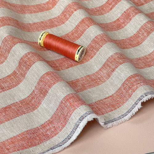 Wide Orange Stripes Yarn Dyed Melange Linen Cotton Fabric