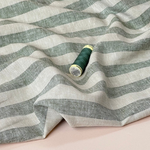 Wide Green Stripes Yarn Dyed Melange Linen Cotton Fabric
