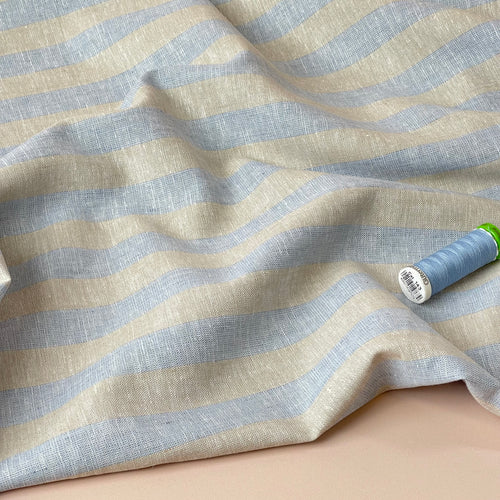 Wide Blue Stripes Yarn Dyed Melange Linen Cotton Fabric