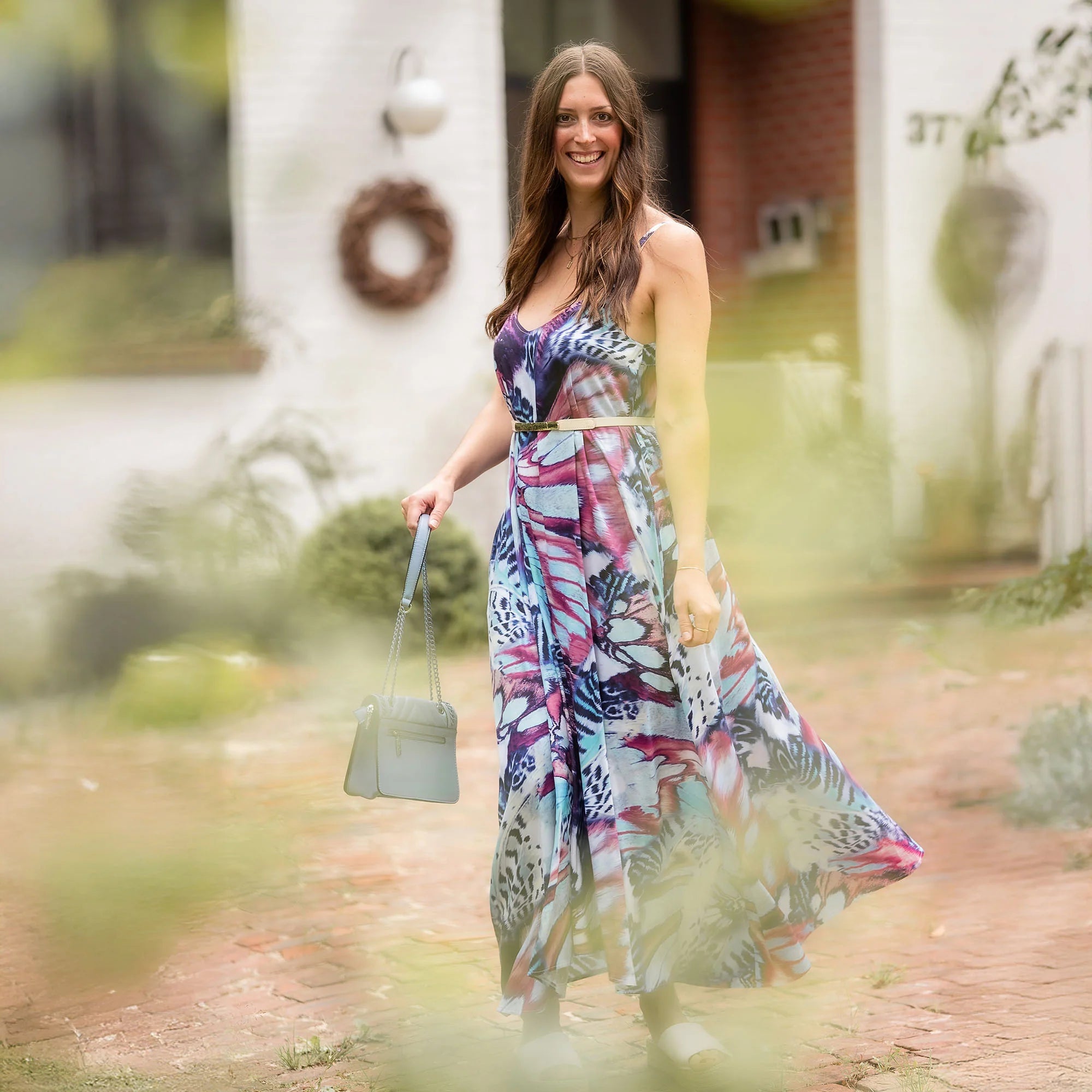 Bold Butterfly Green & Rust Viscose Sateen Fabric