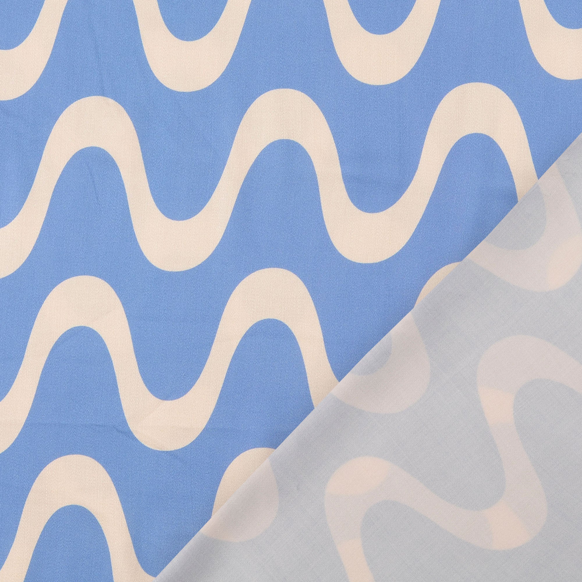 Waves Blue Viscose Sateen Fabric