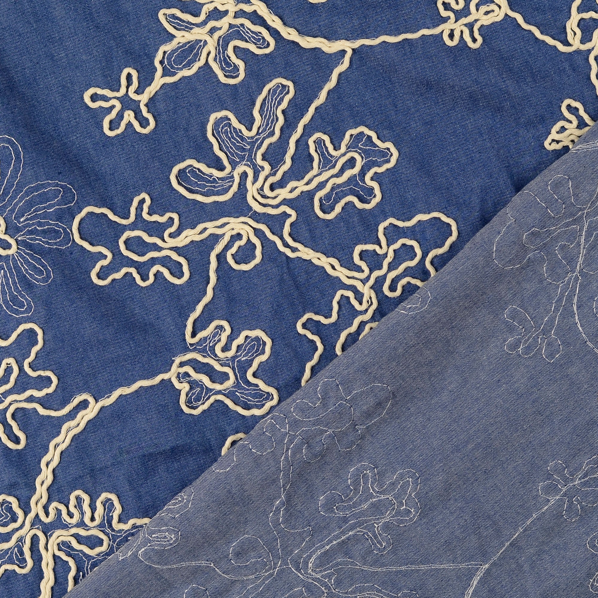 Denim with Embroidered Flowers Cotton Fabric