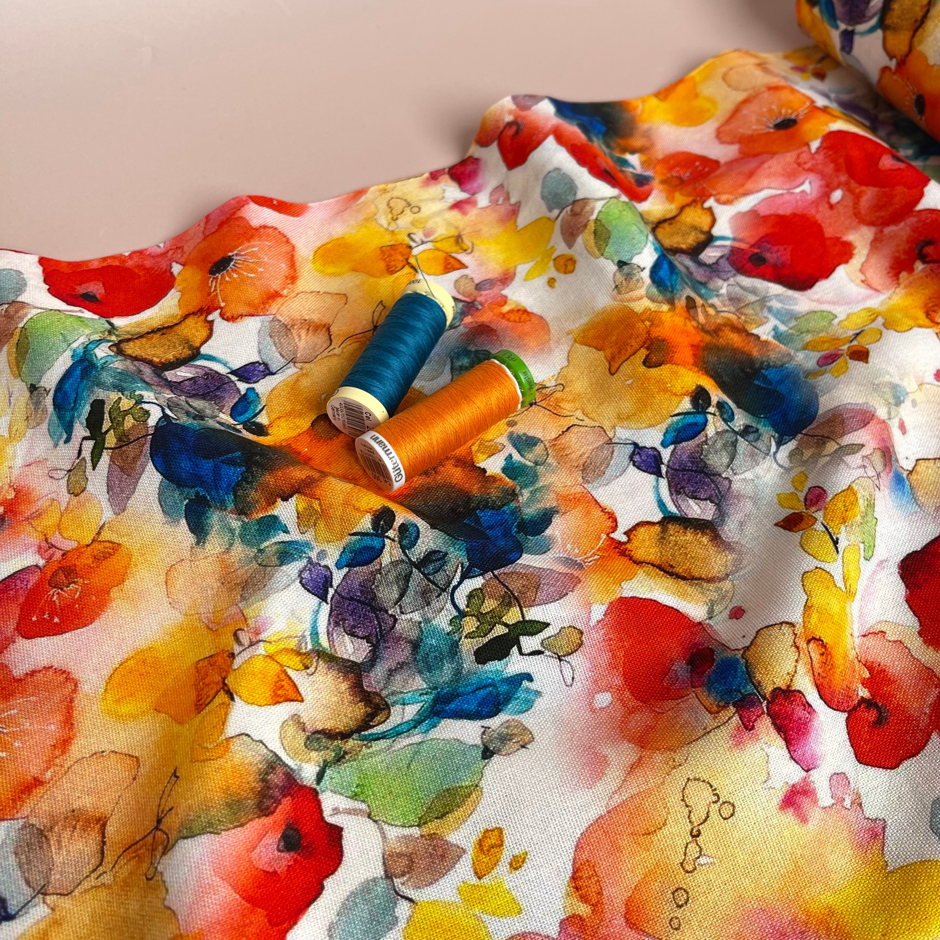 Vibrant Watercolour Blooms Viscose Linen Fabric