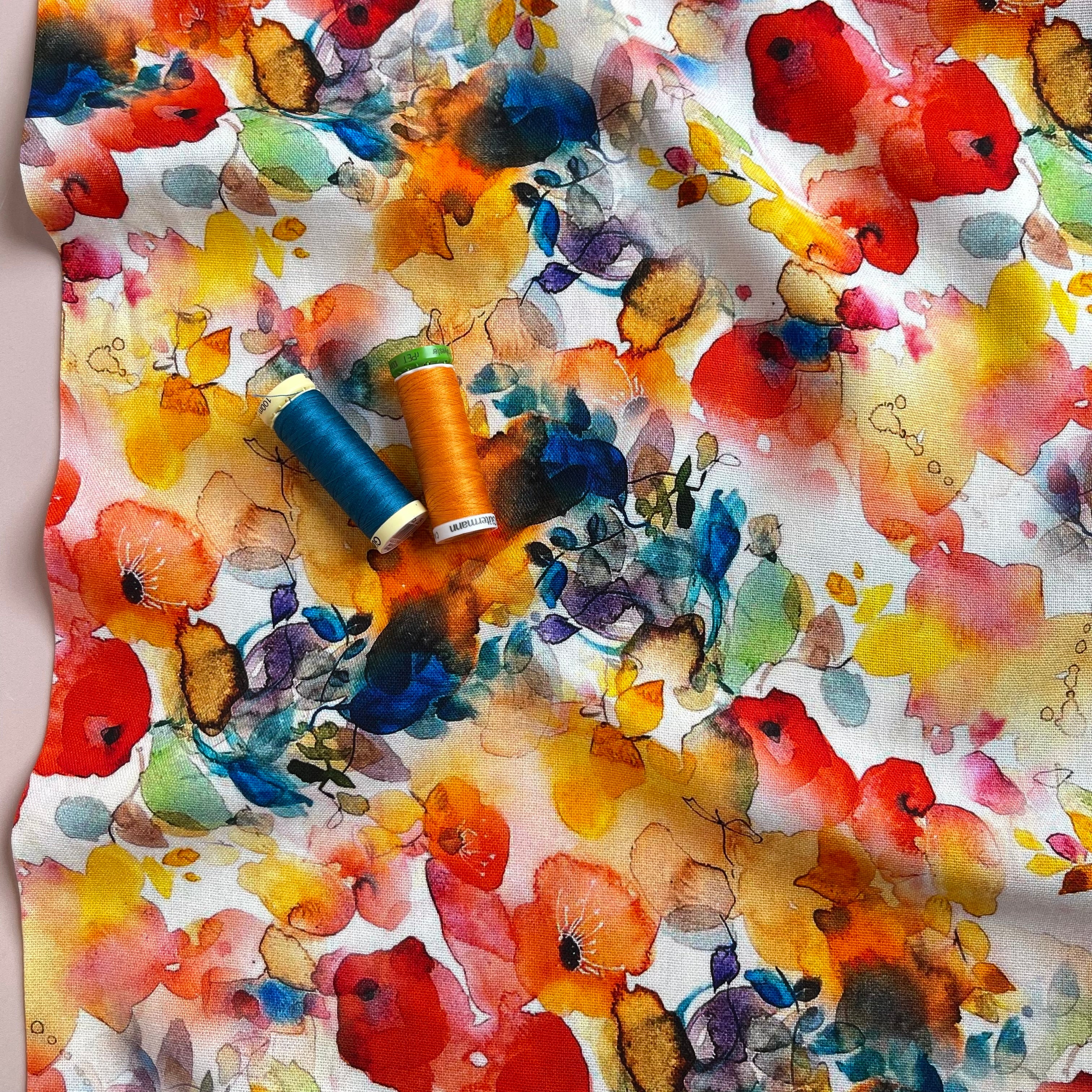 Vibrant Watercolour Blooms Viscose Linen Fabric