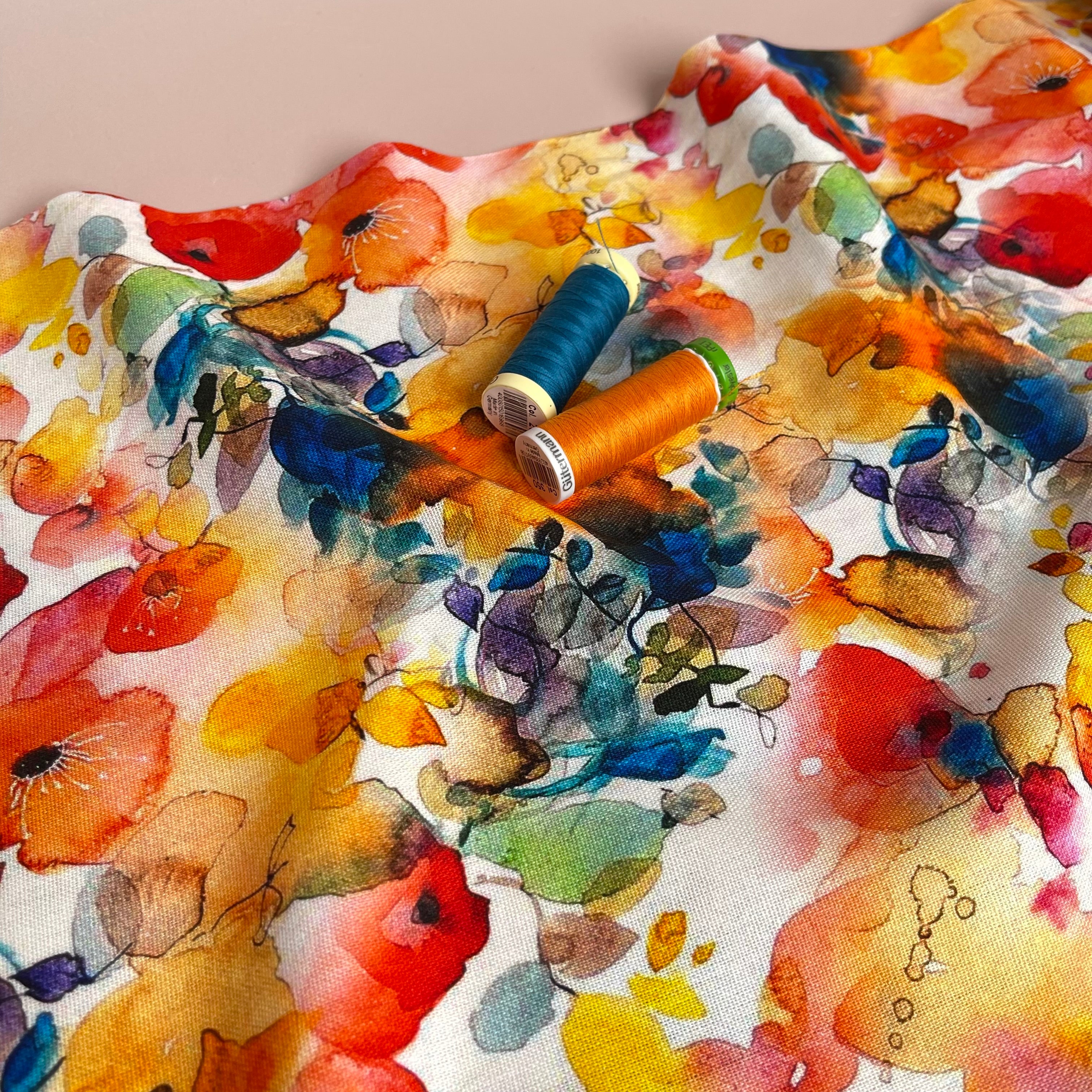 Vibrant Watercolour Blooms Viscose Linen Fabric