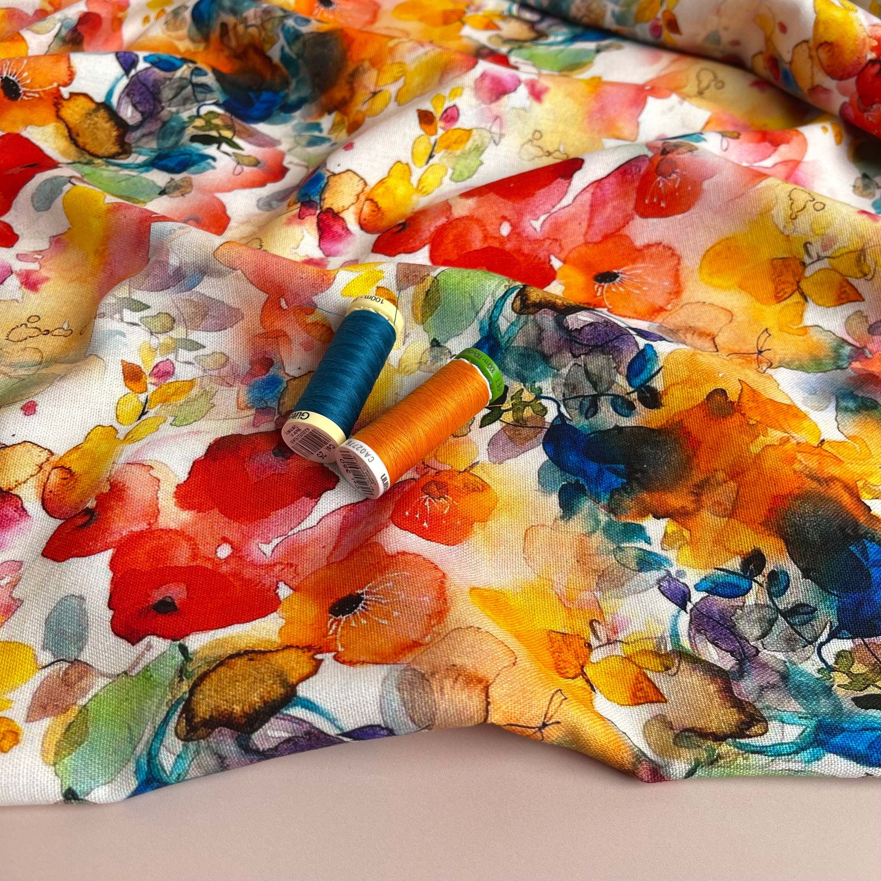 Vibrant Watercolour Blooms Viscose Linen Fabric