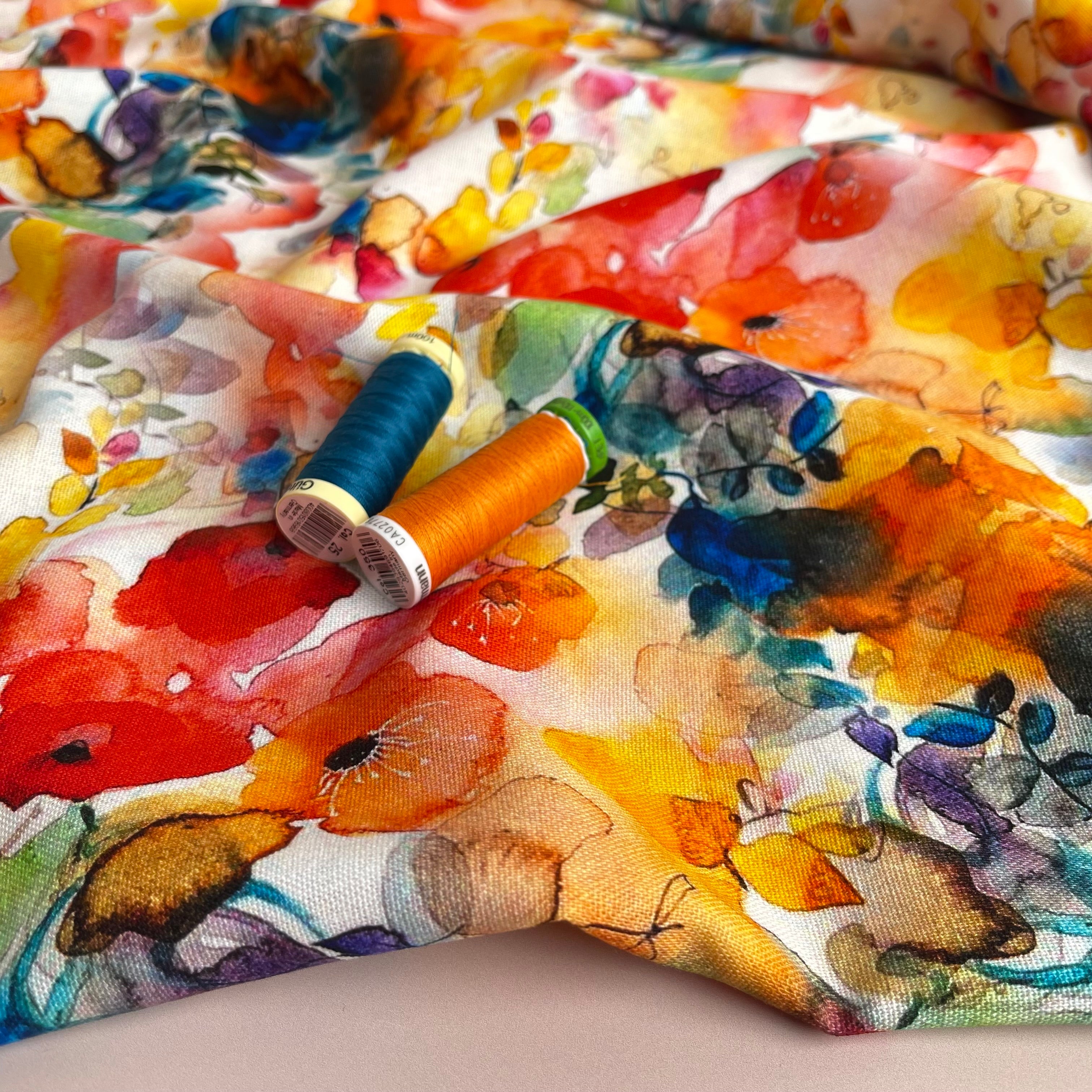 Vibrant Watercolour Blooms Viscose Linen Fabric