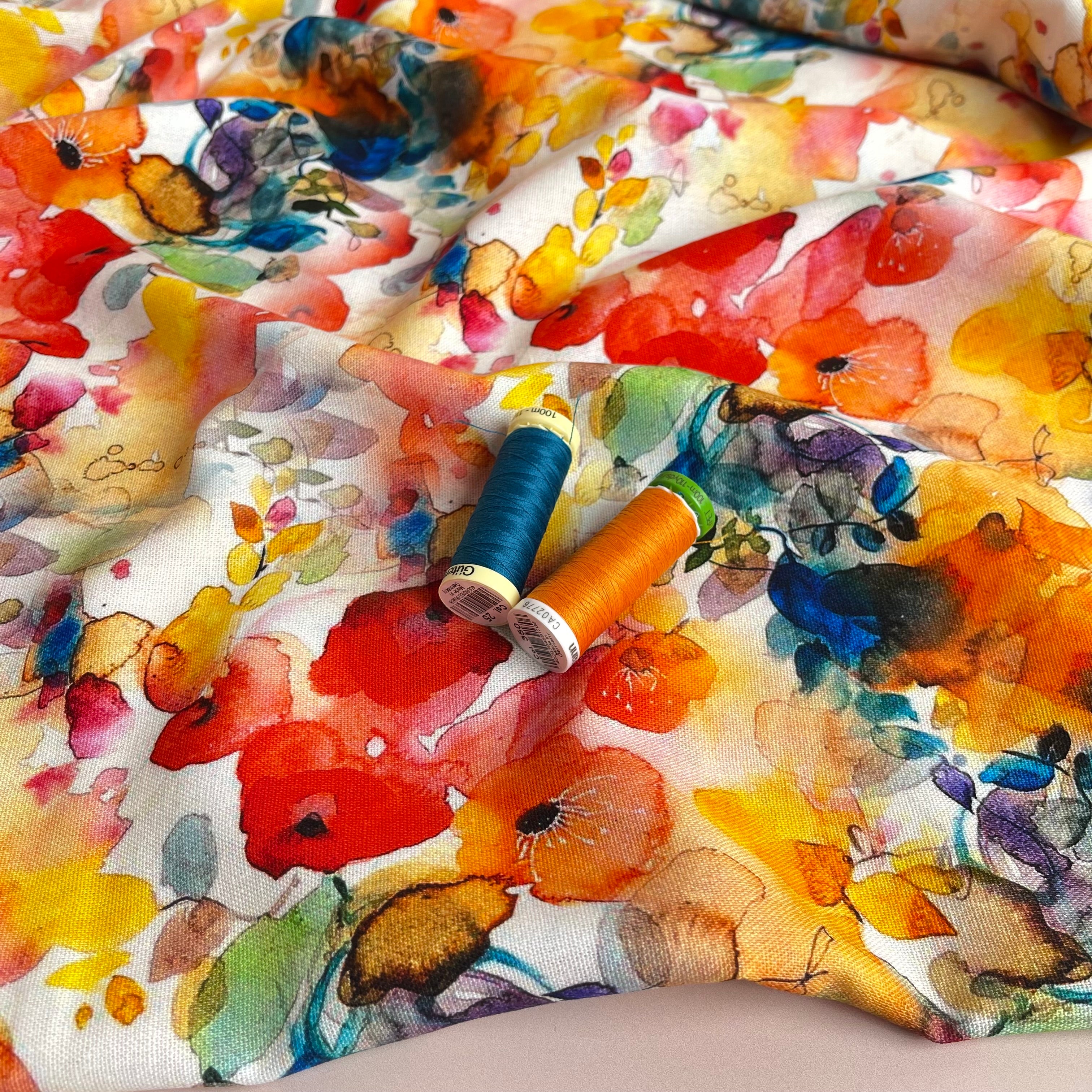 Vibrant Watercolour Blooms Viscose Linen Fabric