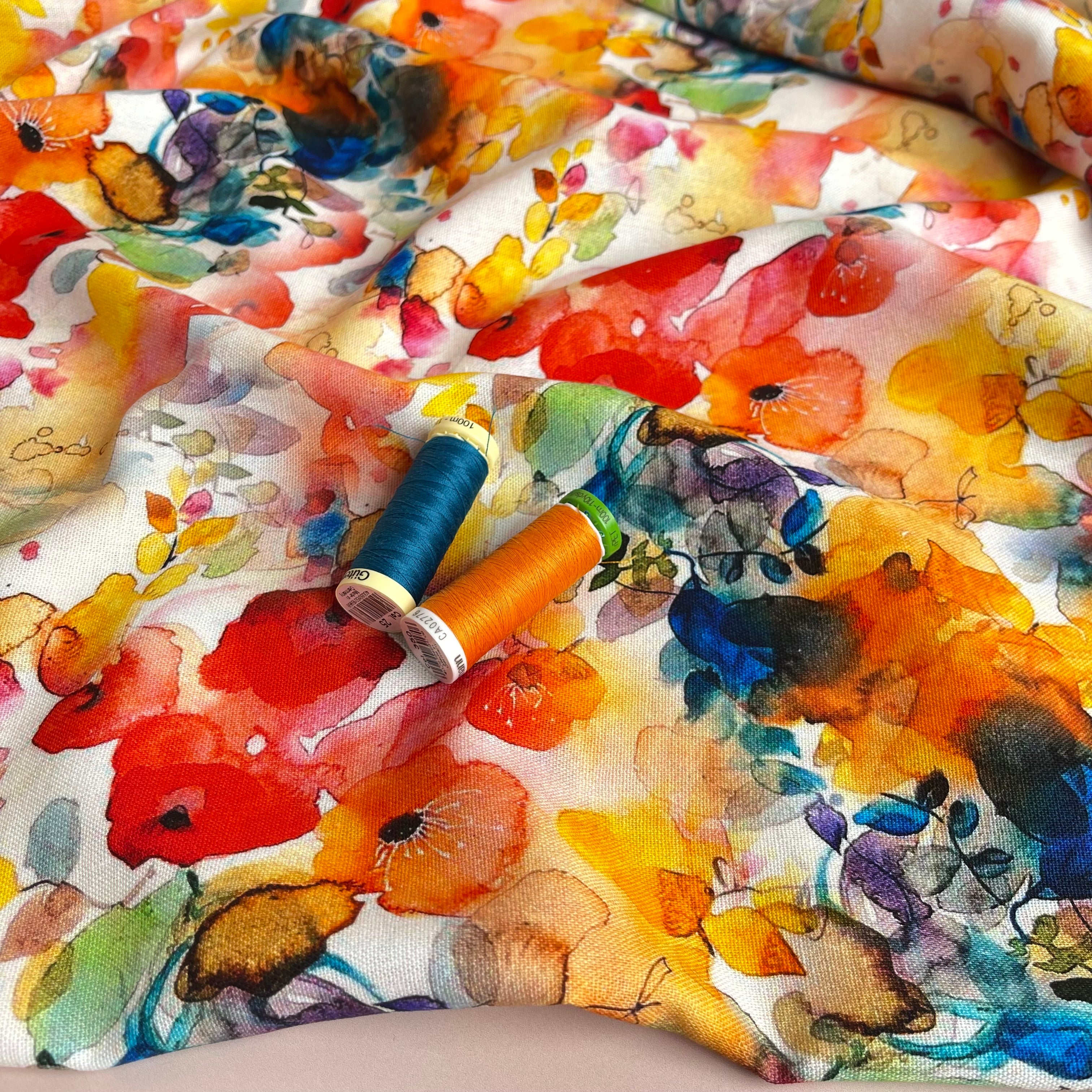 Vibrant Watercolour Blooms Viscose Linen Fabric