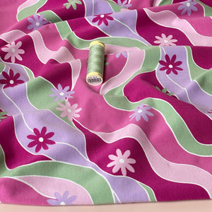 Retro Daisies on Pink Cotton Jersey Fabric