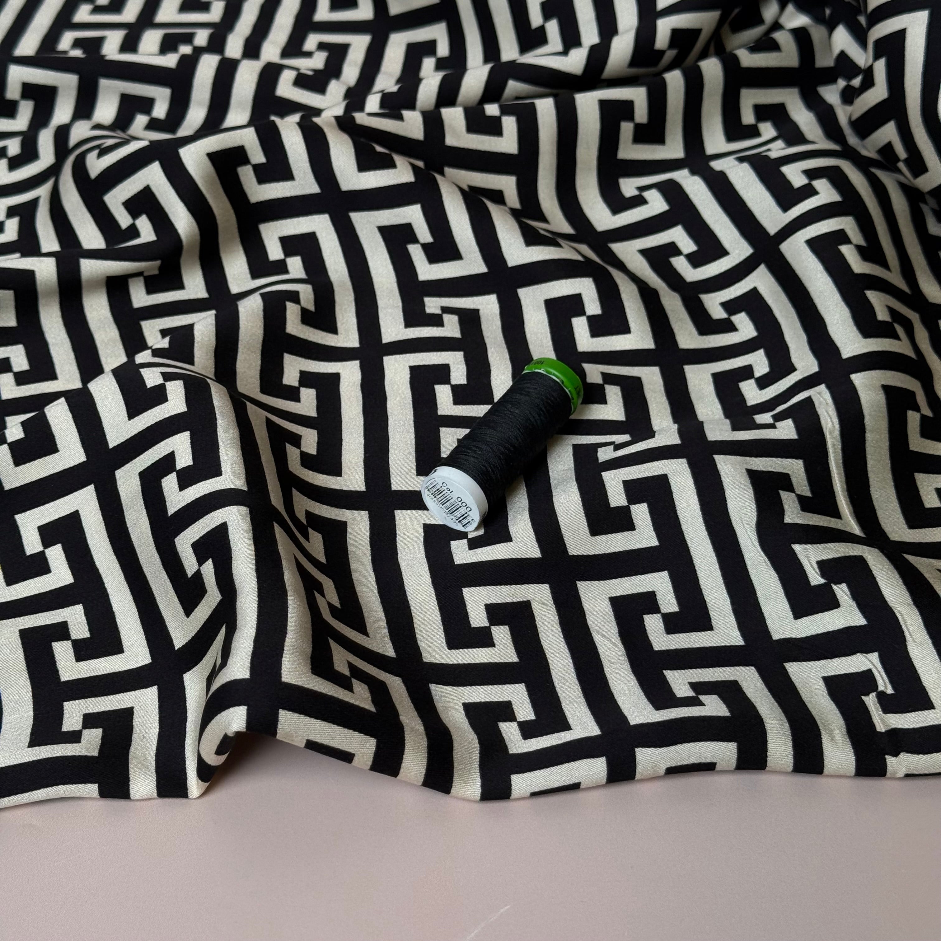 Maze Black Viscose Sateen Fabric