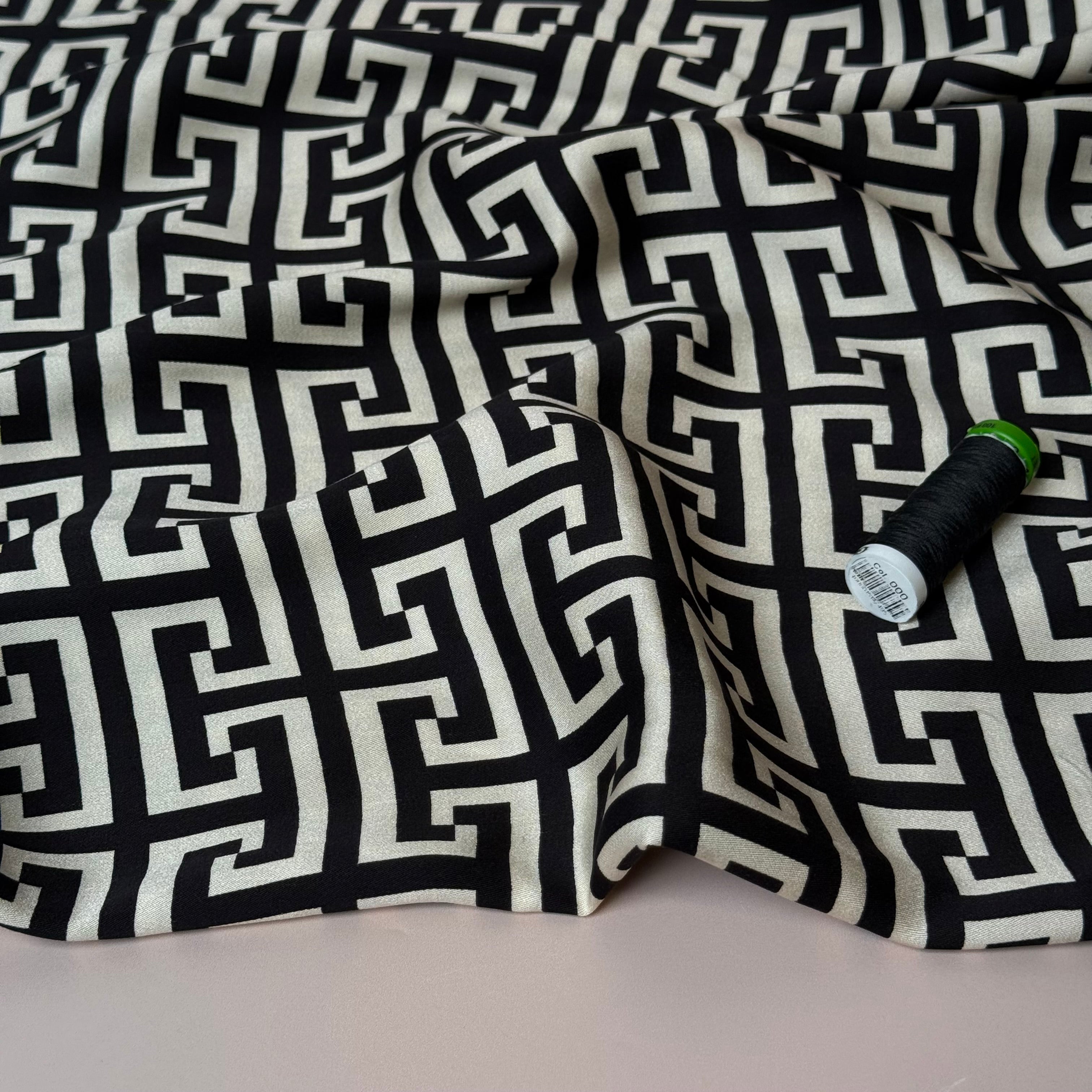 Maze Black Viscose Sateen Fabric