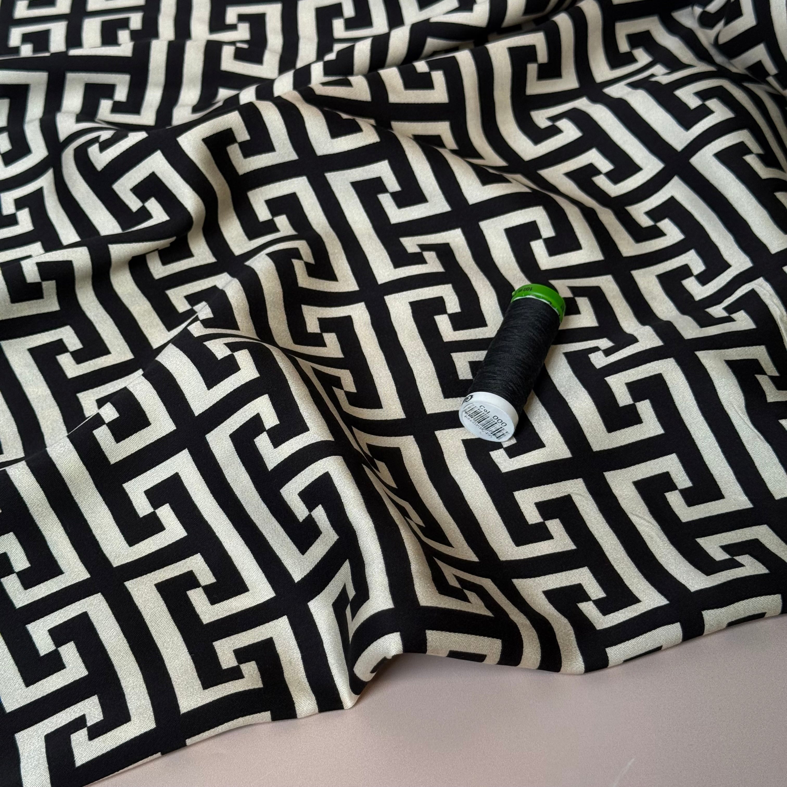 Maze Black Viscose Sateen Fabric