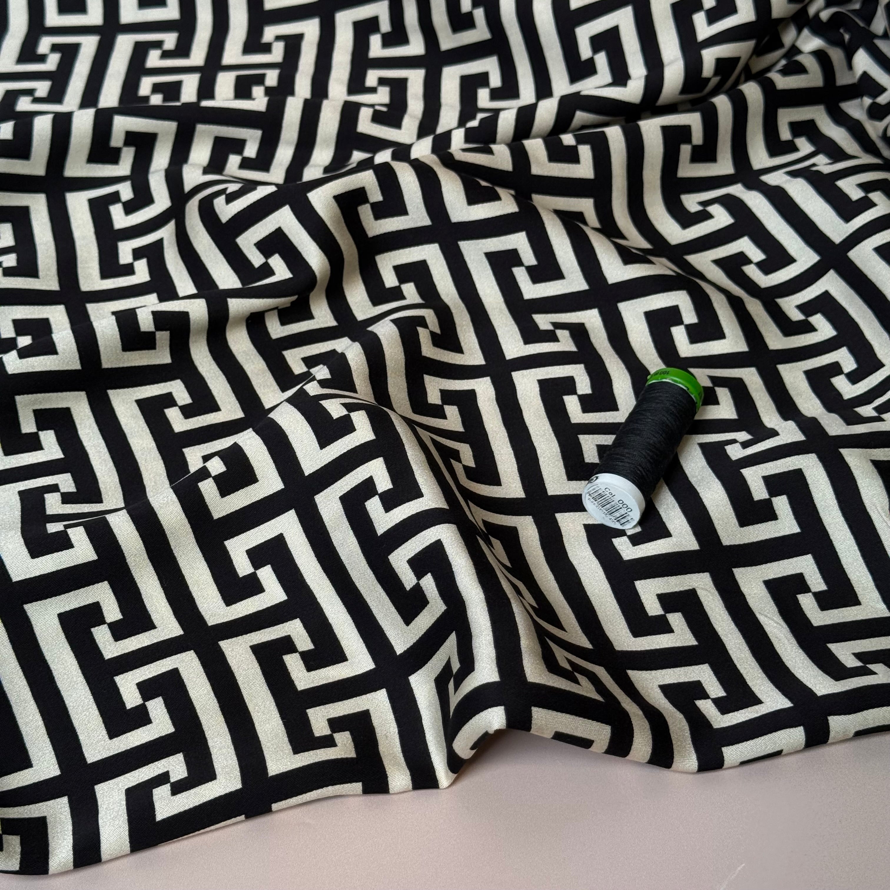 Maze Black Viscose Sateen Fabric