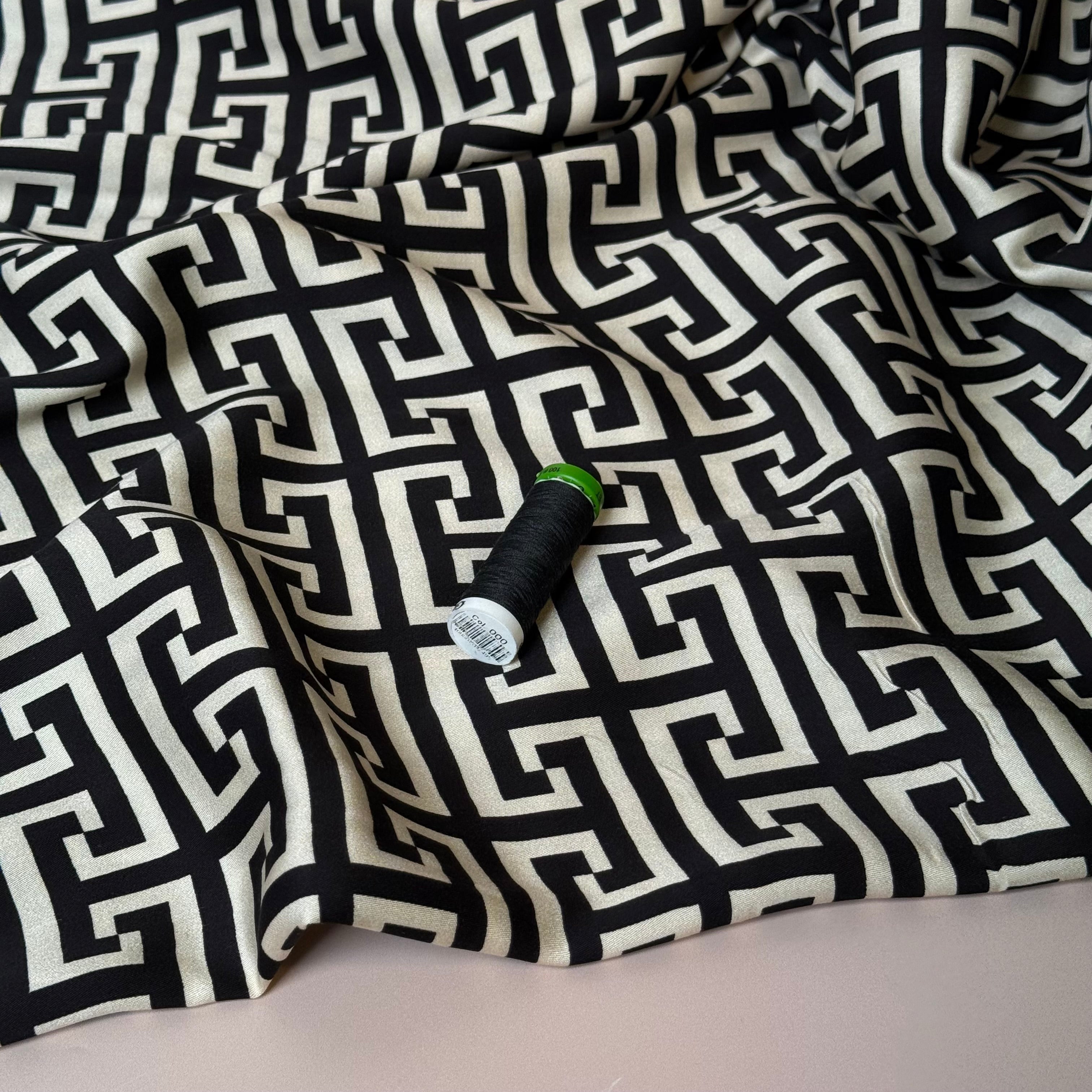 Maze Black Viscose Sateen Fabric