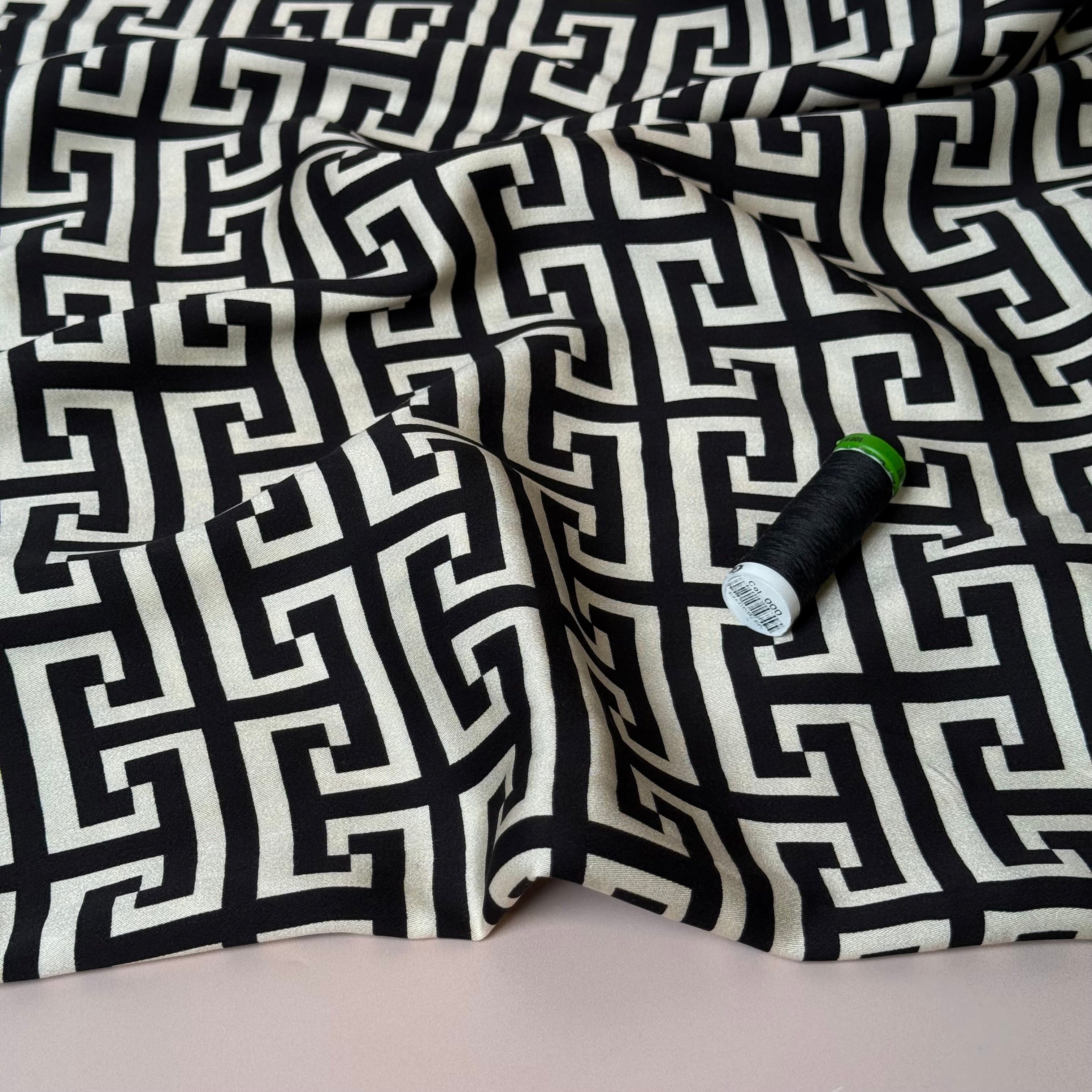 Maze Black Viscose Sateen Fabric
