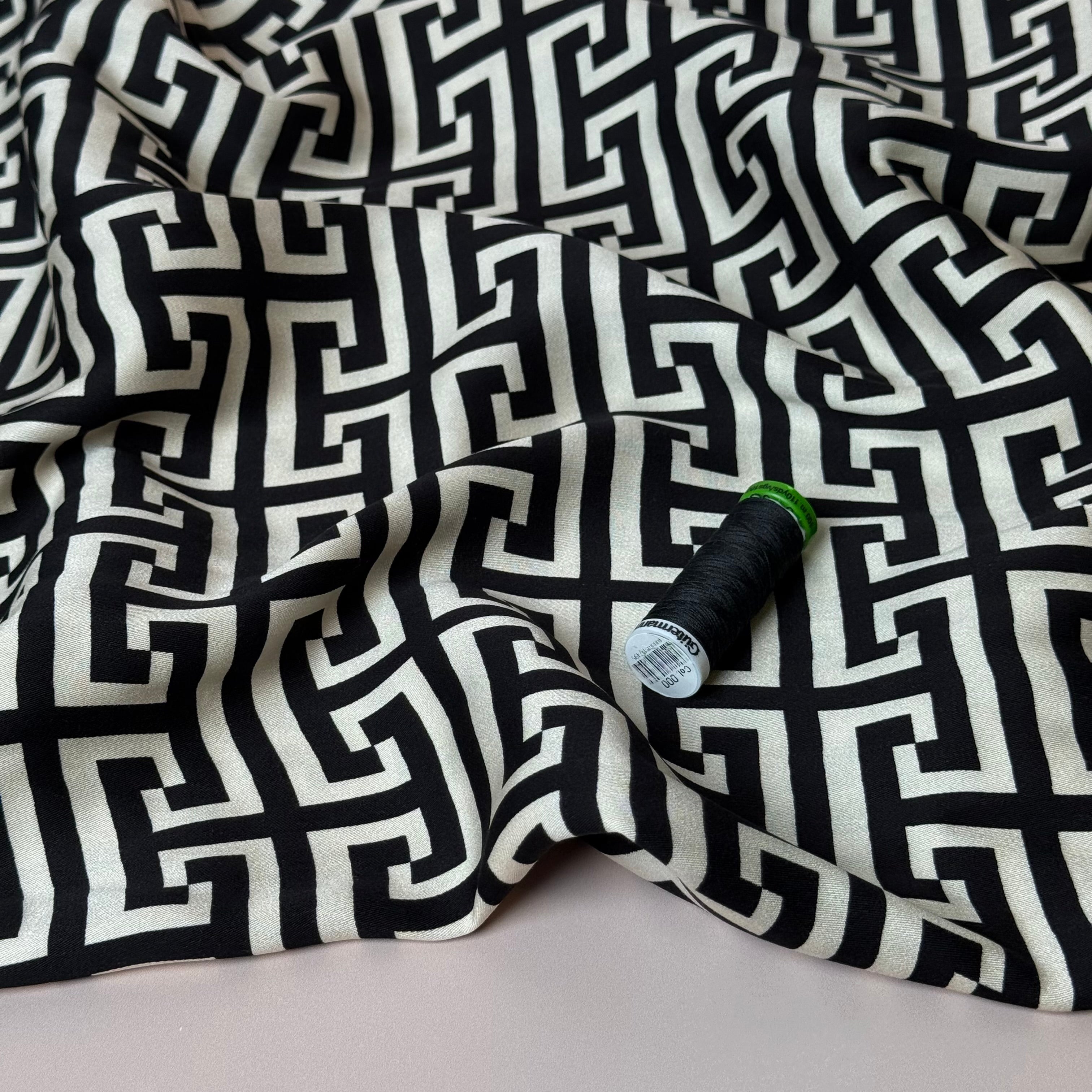 Maze Black Viscose Sateen Fabric