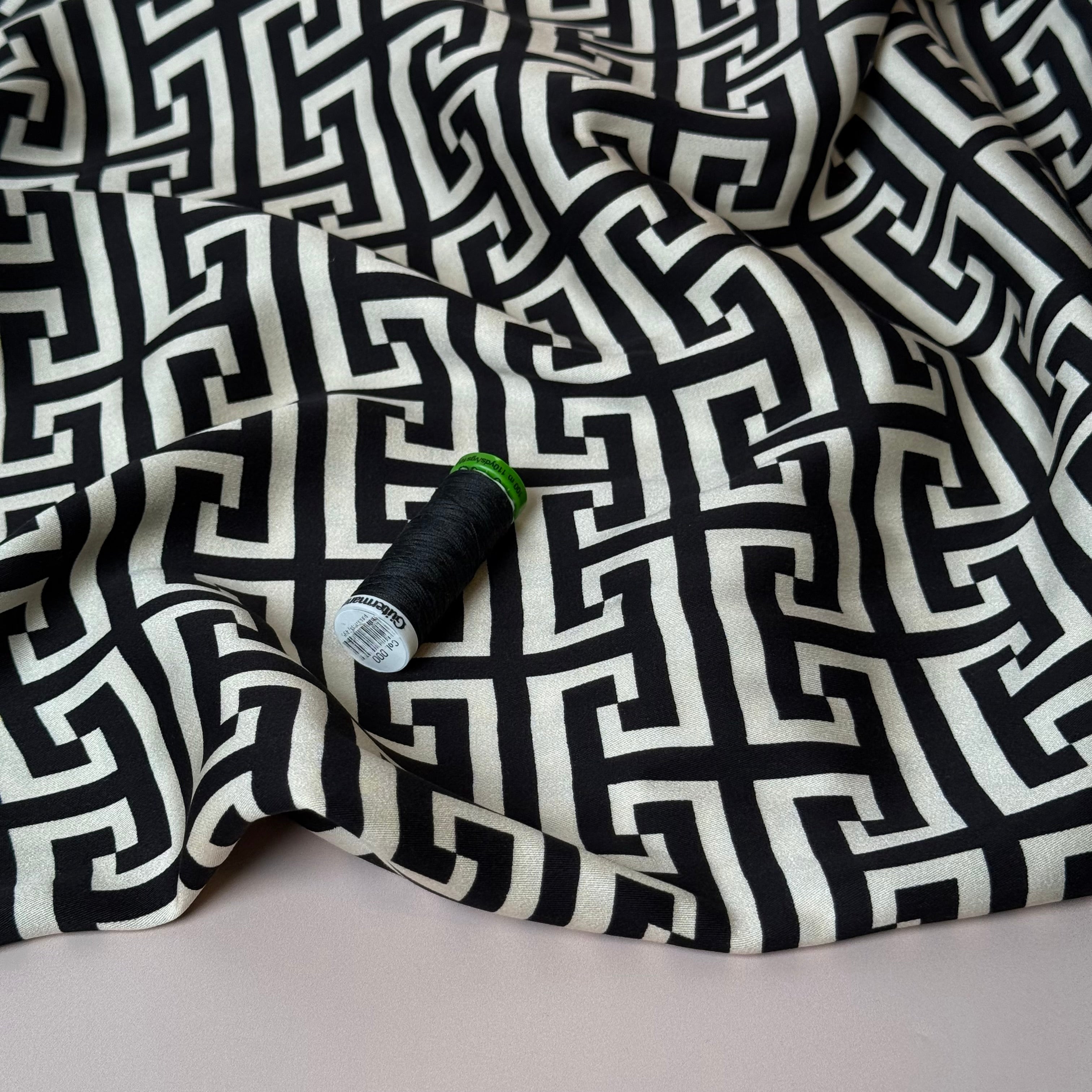 Maze Black Viscose Sateen Fabric