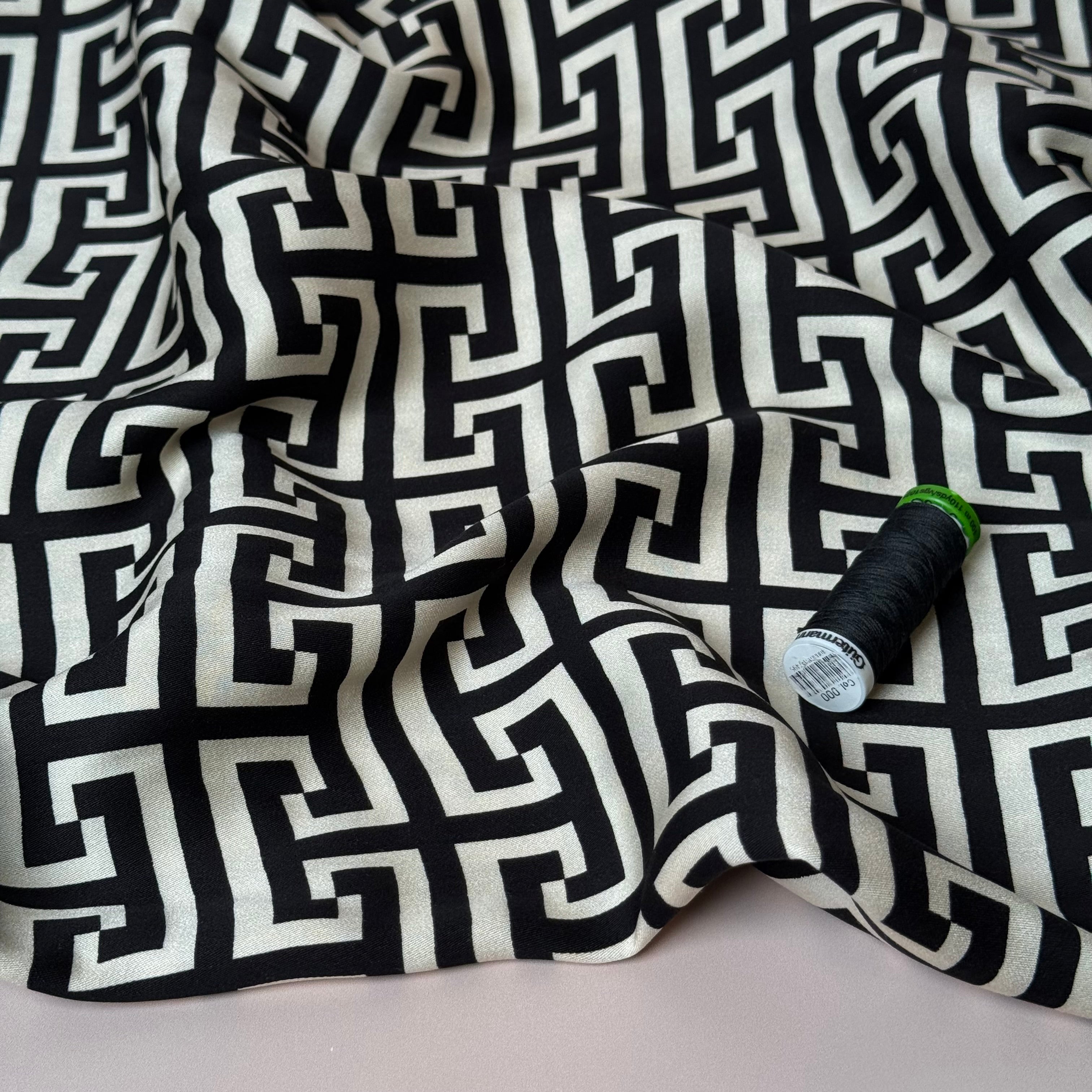 Maze Black Viscose Sateen Fabric