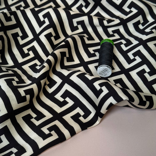 Maze Black Viscose Sateen Fabric