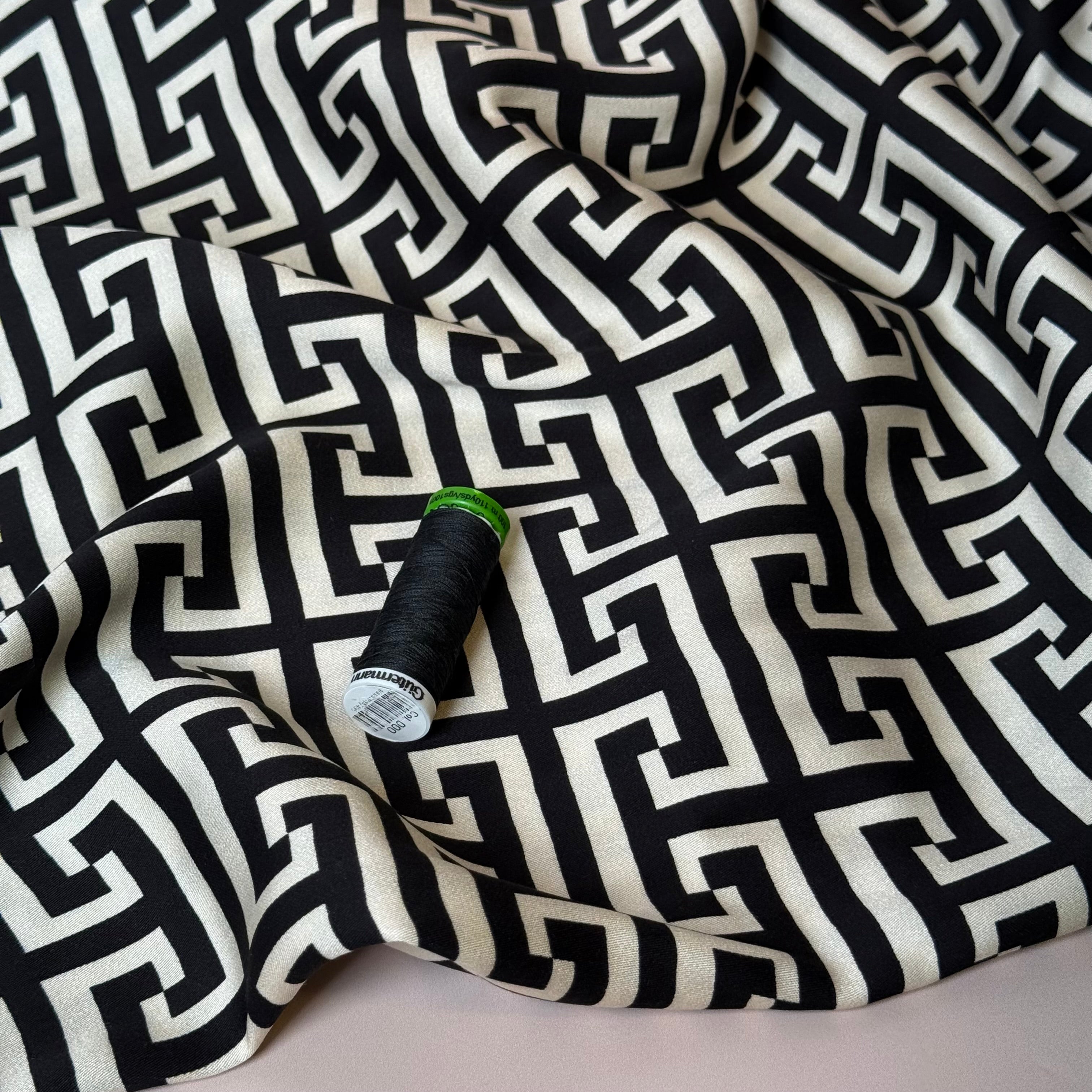 Maze Black Viscose Sateen Fabric