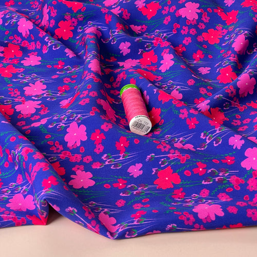 Pink Flowers on Blue LENZING™ ECOVERO™ Viscose Fabric