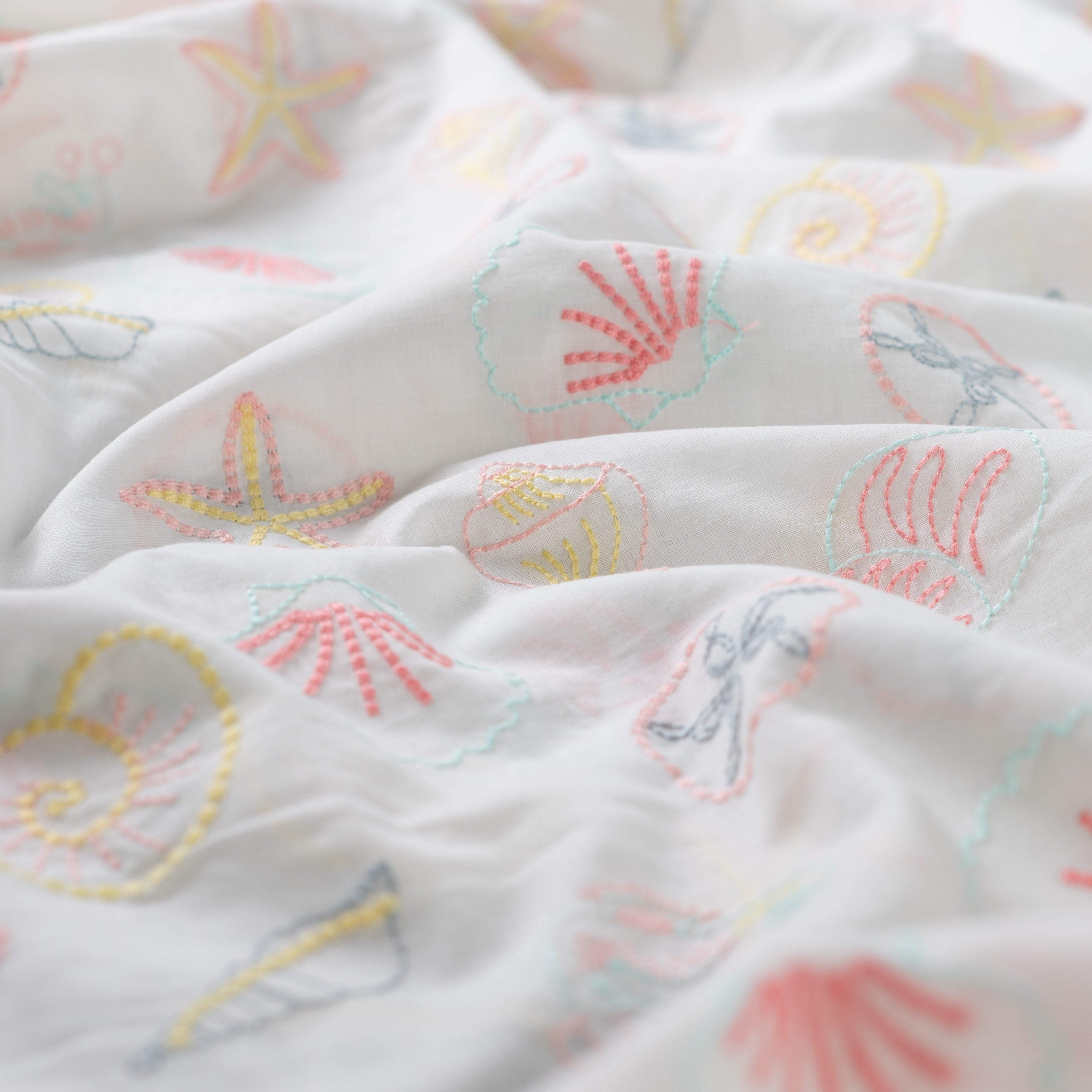 Embroidered Seashells White Cotton Voile Fabric