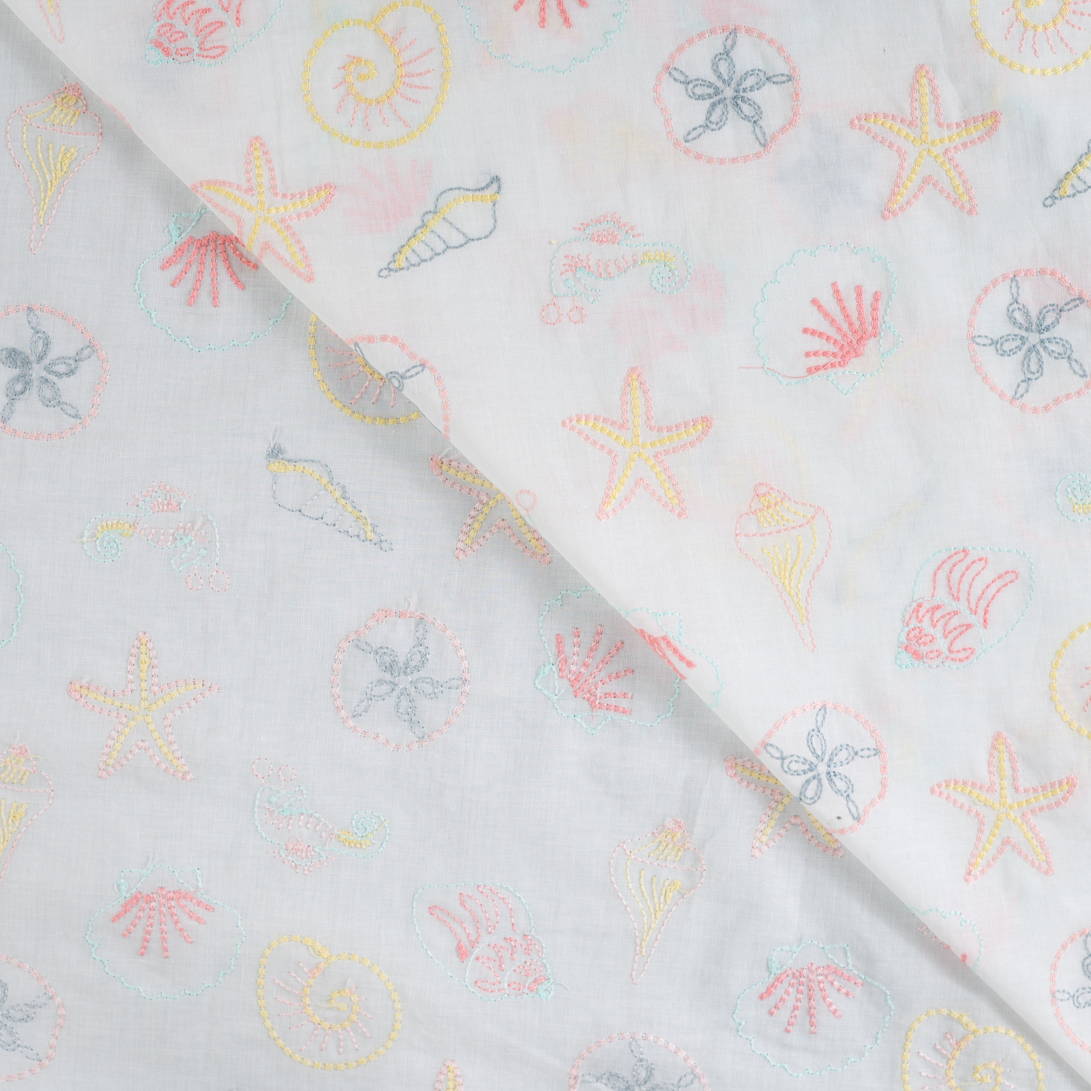 Embroidered Seashells White Cotton Voile Fabric