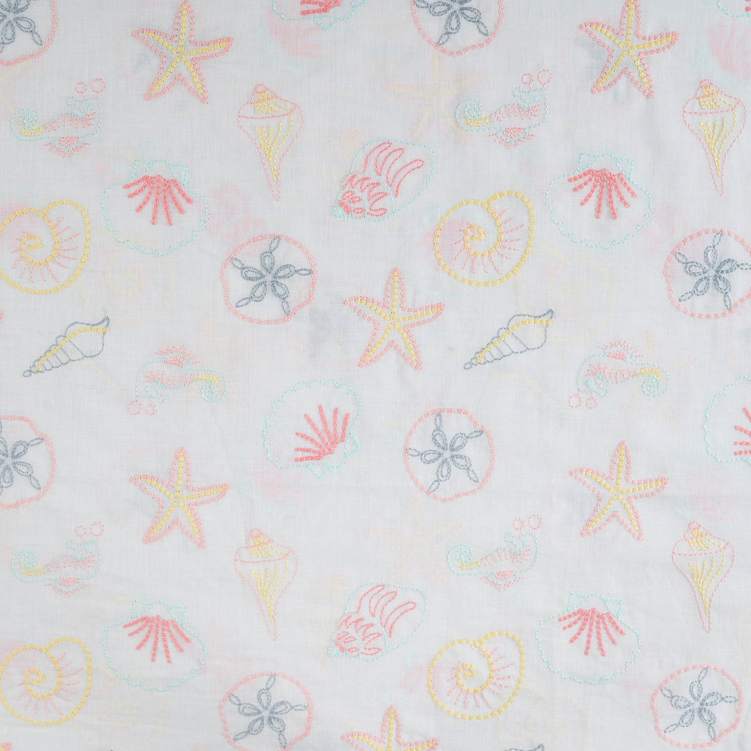 Embroidered Seashells White Cotton Voile Fabric