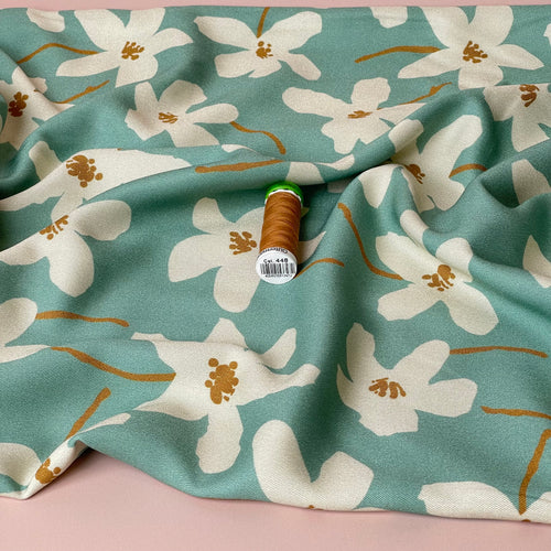 Light & Lush - White Flowers on Mint Viscose Twill Fabric