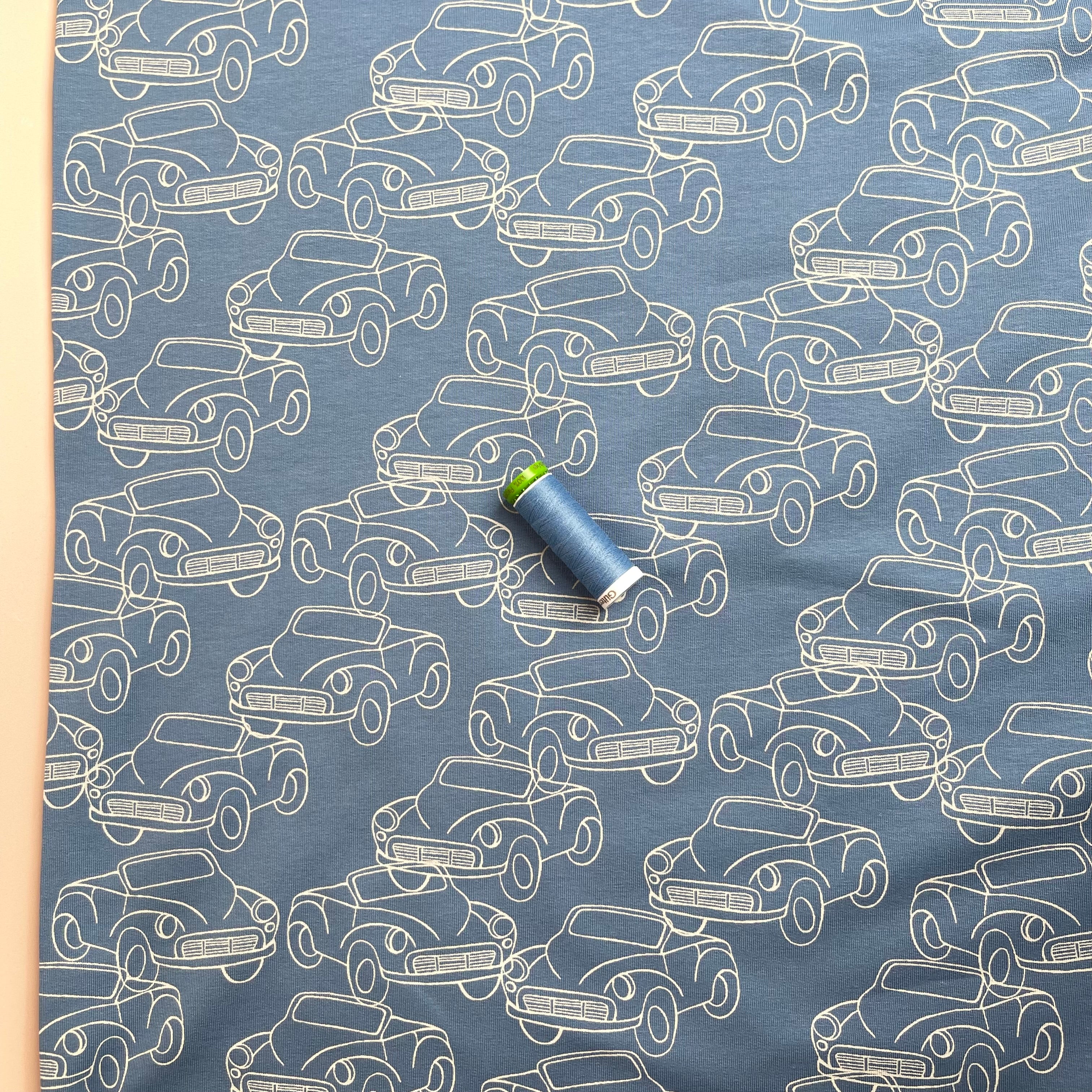 Cars in Blue Peach Soft Cotton Sweat-shirting Fabric