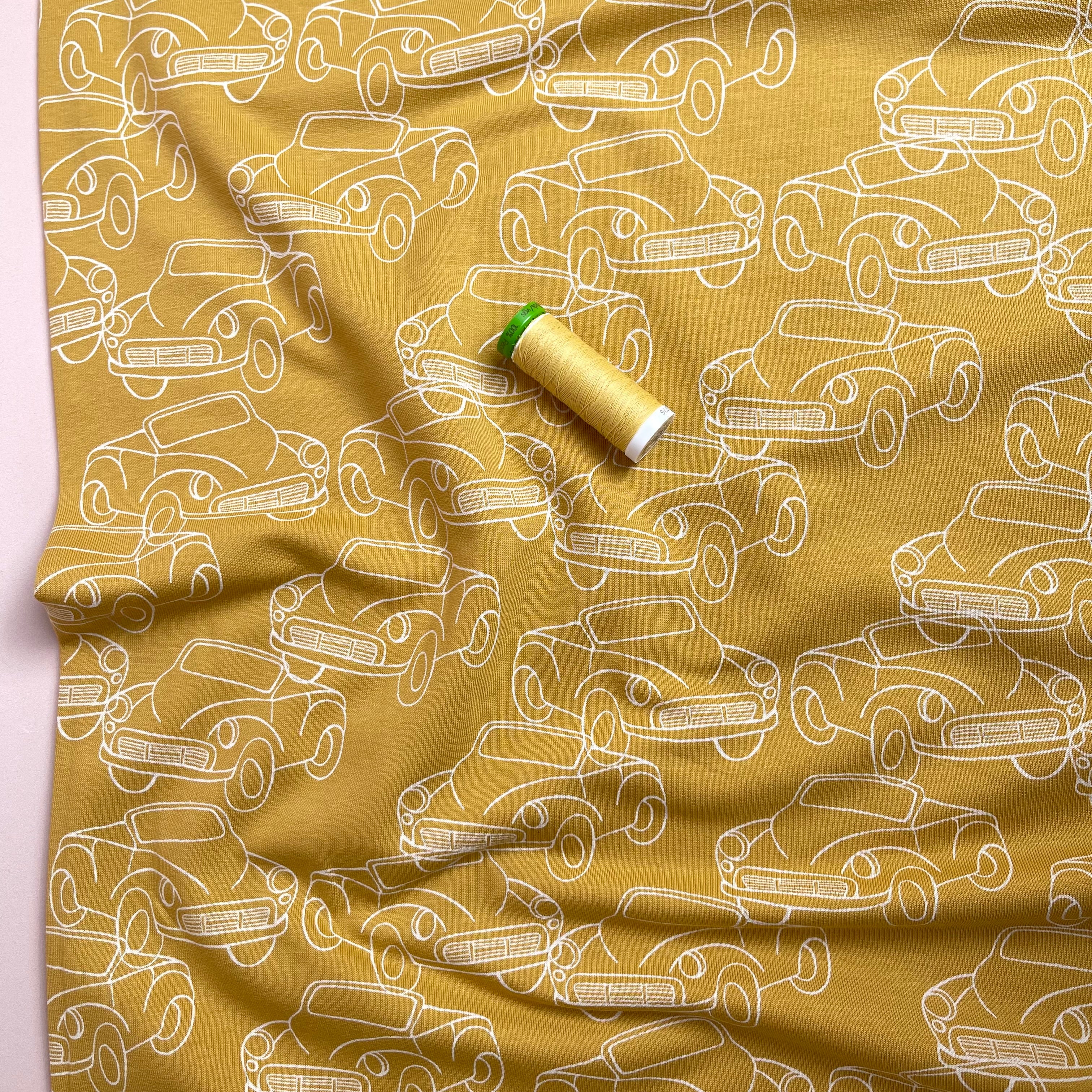 Cars in Mustard Yellow Peach Soft Cotton Sweat-shirting Fabric