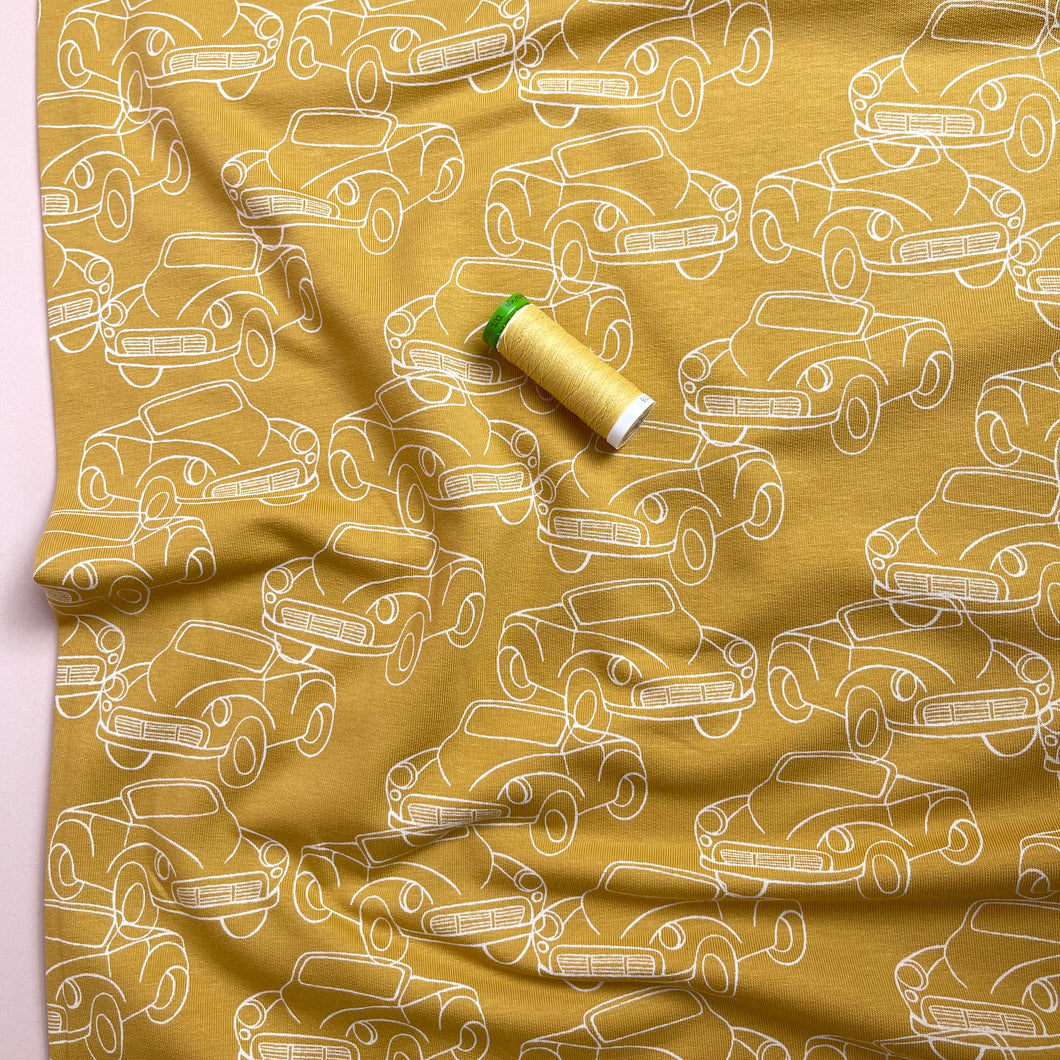 Cars in Mustard Yellow Peach Soft Cotton Sweat-shirting Fabric