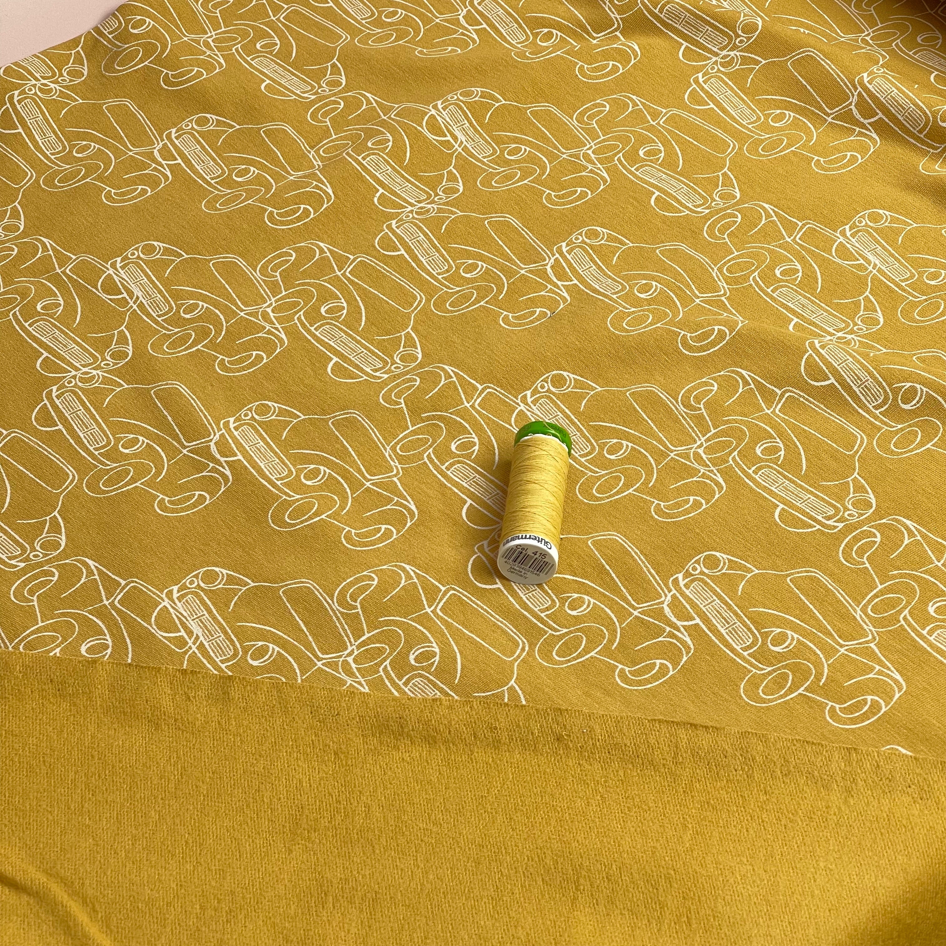 Cars in Mustard Yellow Peach Soft Cotton Sweat-shirting Fabric