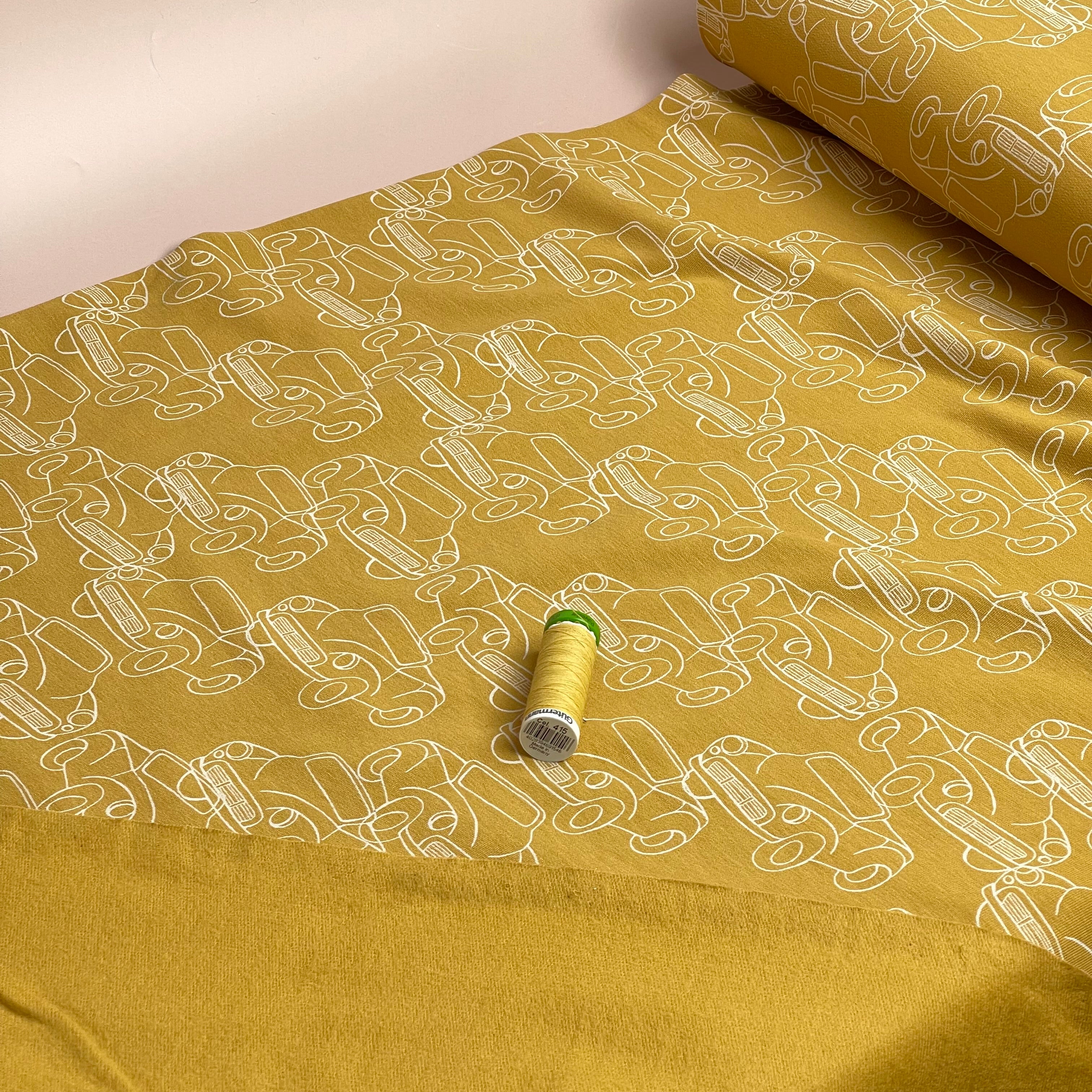 Cars in Mustard Yellow Peach Soft Cotton Sweat-shirting Fabric