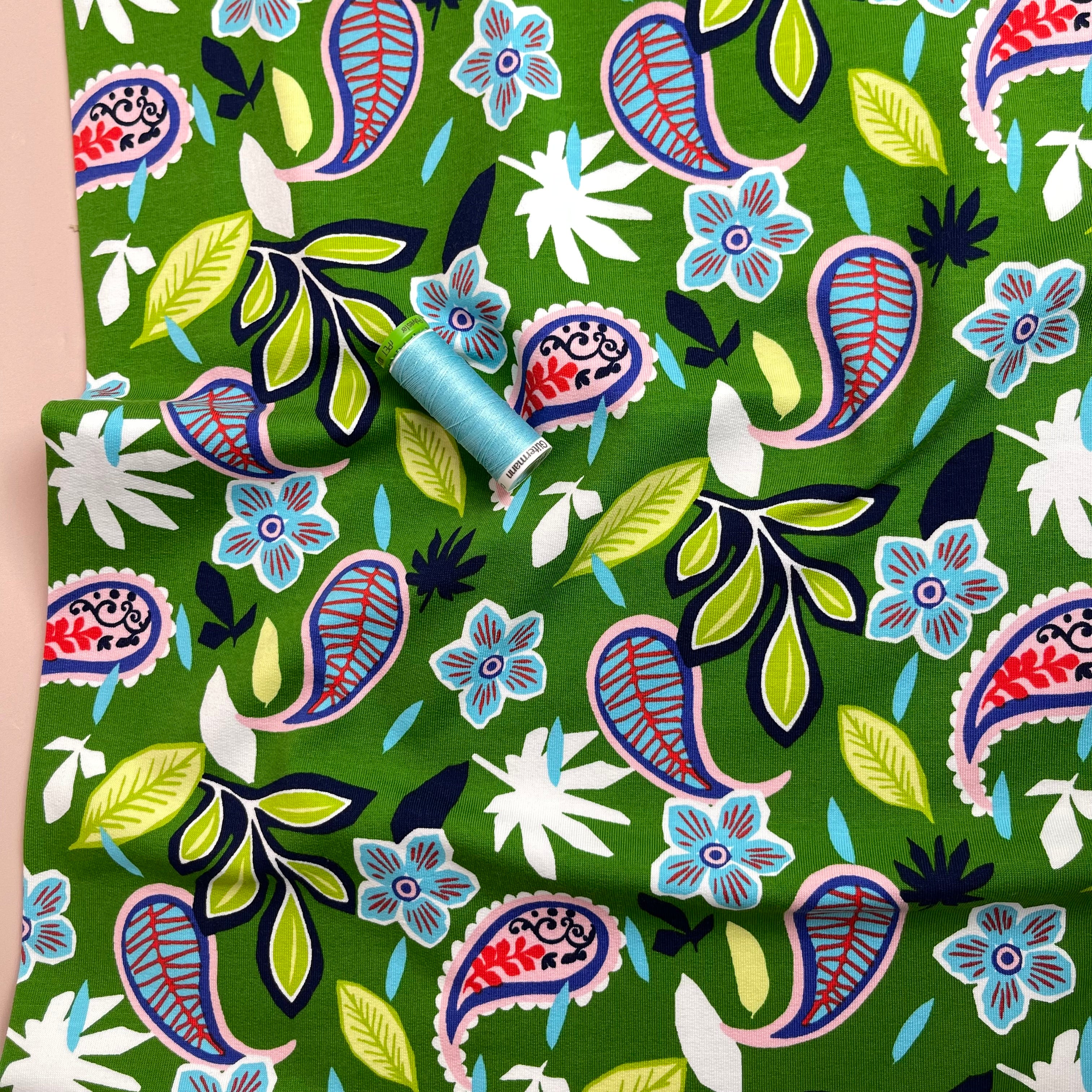 Paisleys & Flowers on Green Cotton French Terry