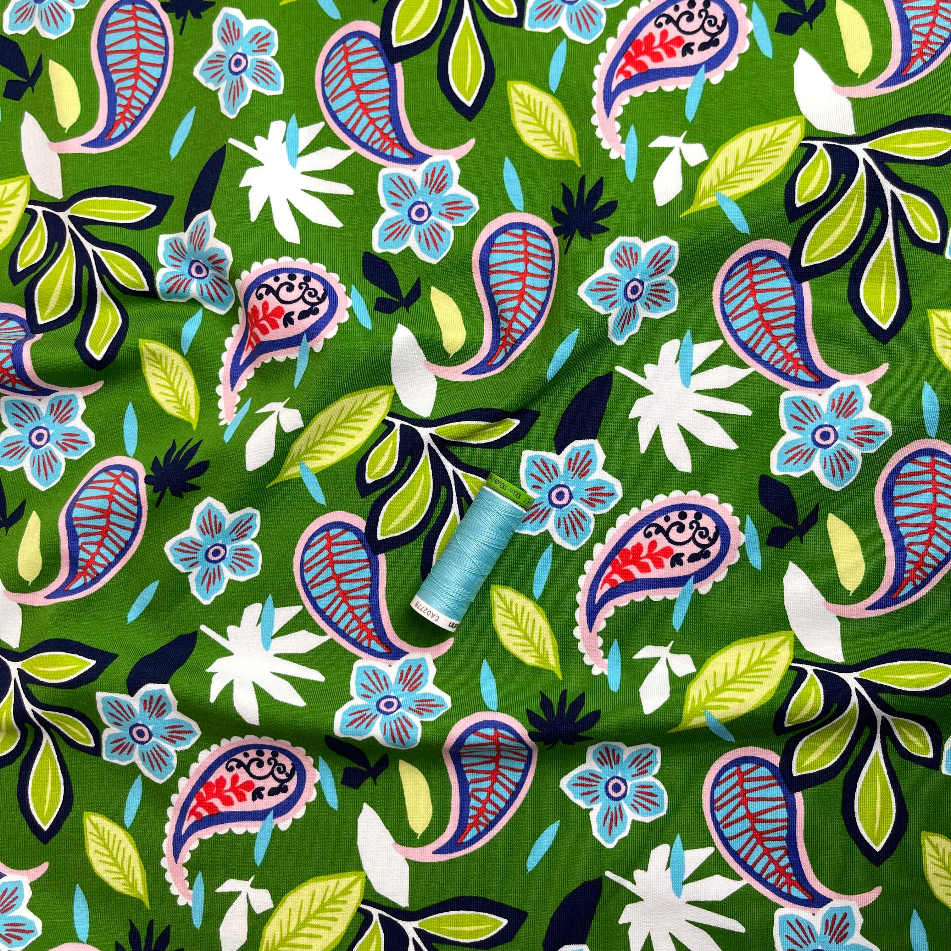 Paisleys & Flowers on Green Cotton French Terry