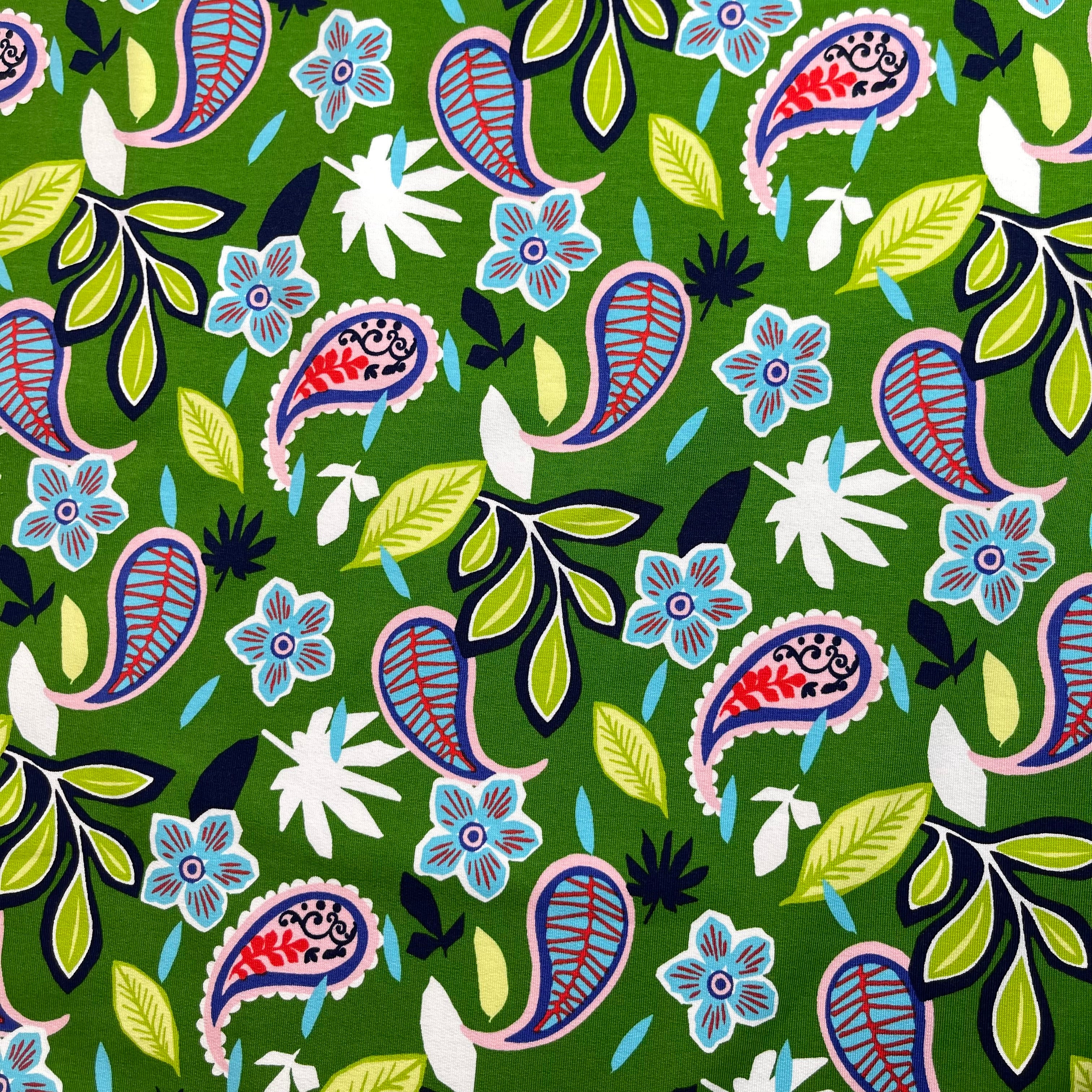 Paisleys & Flowers on Green Cotton French Terry