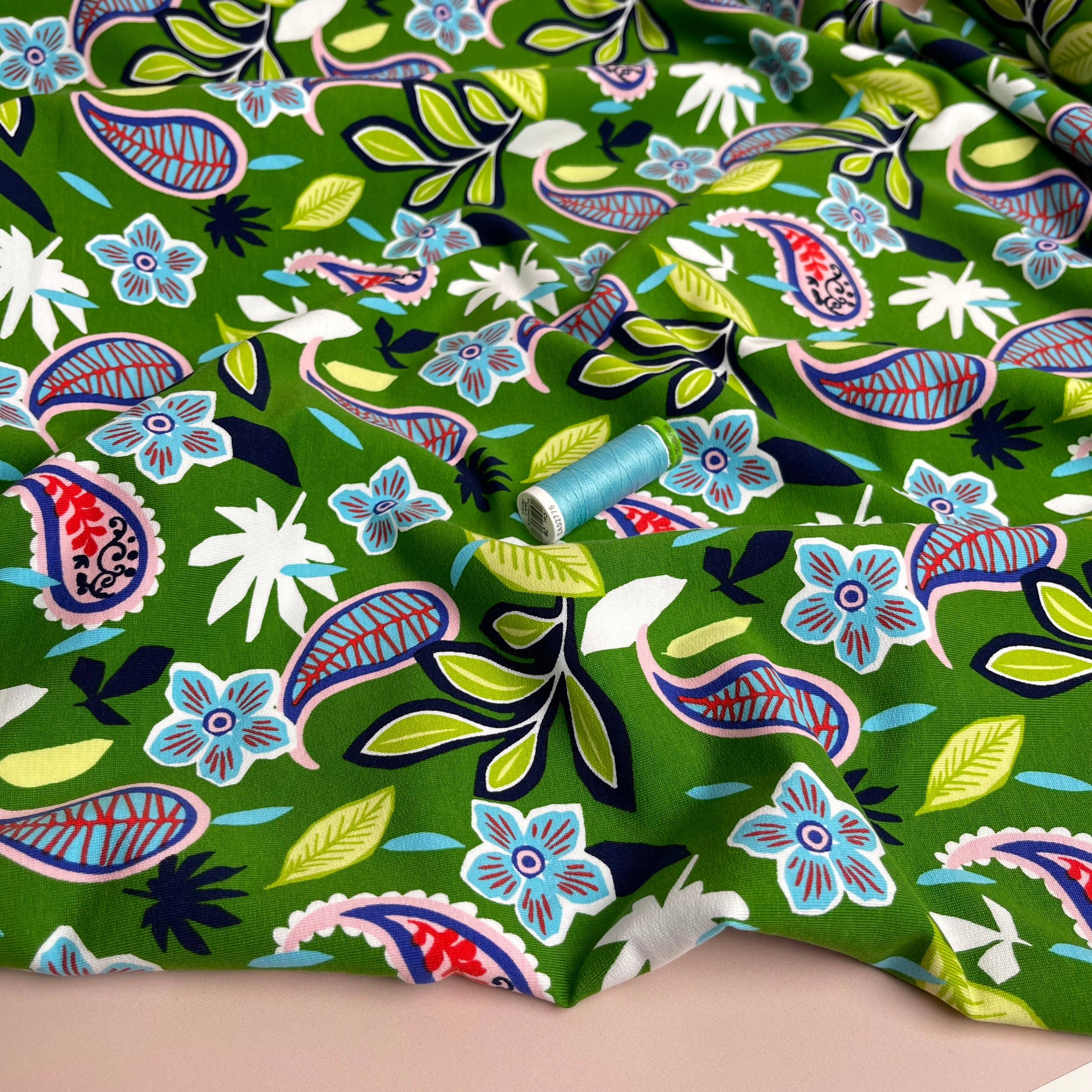 Paisleys & Flowers on Green Cotton French Terry