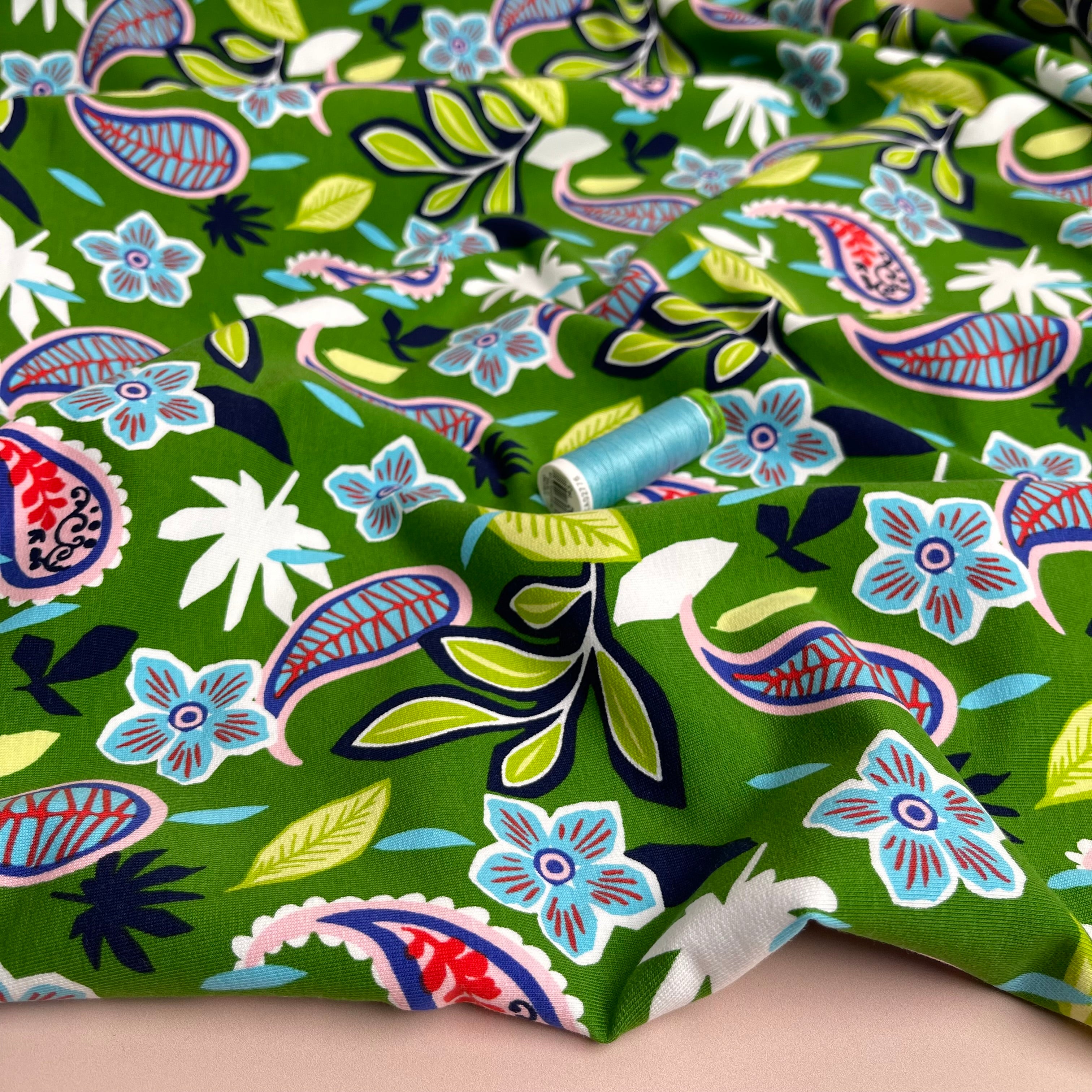 Paisleys & Flowers on Green Cotton French Terry