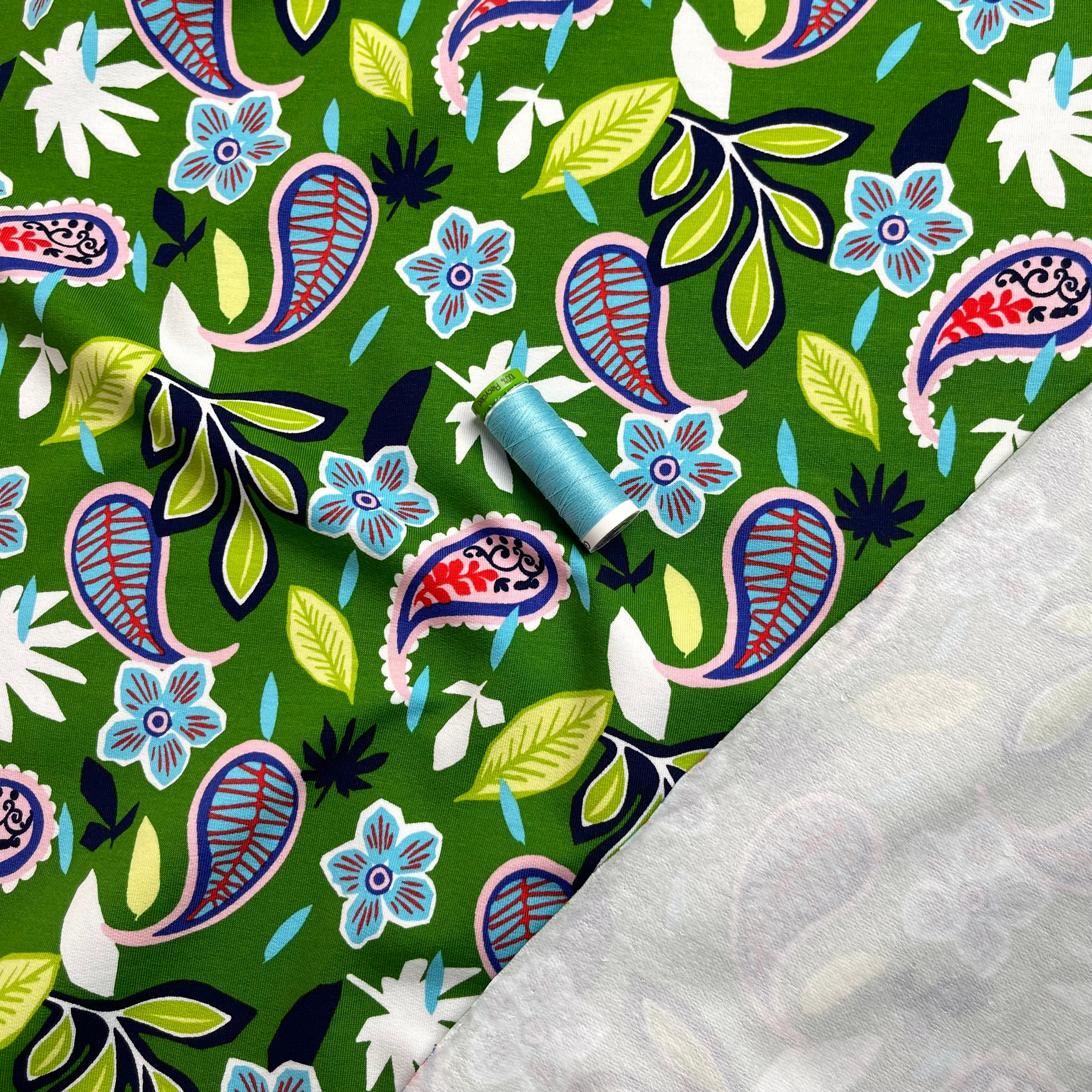 Paisleys & Flowers on Green Cotton French Terry