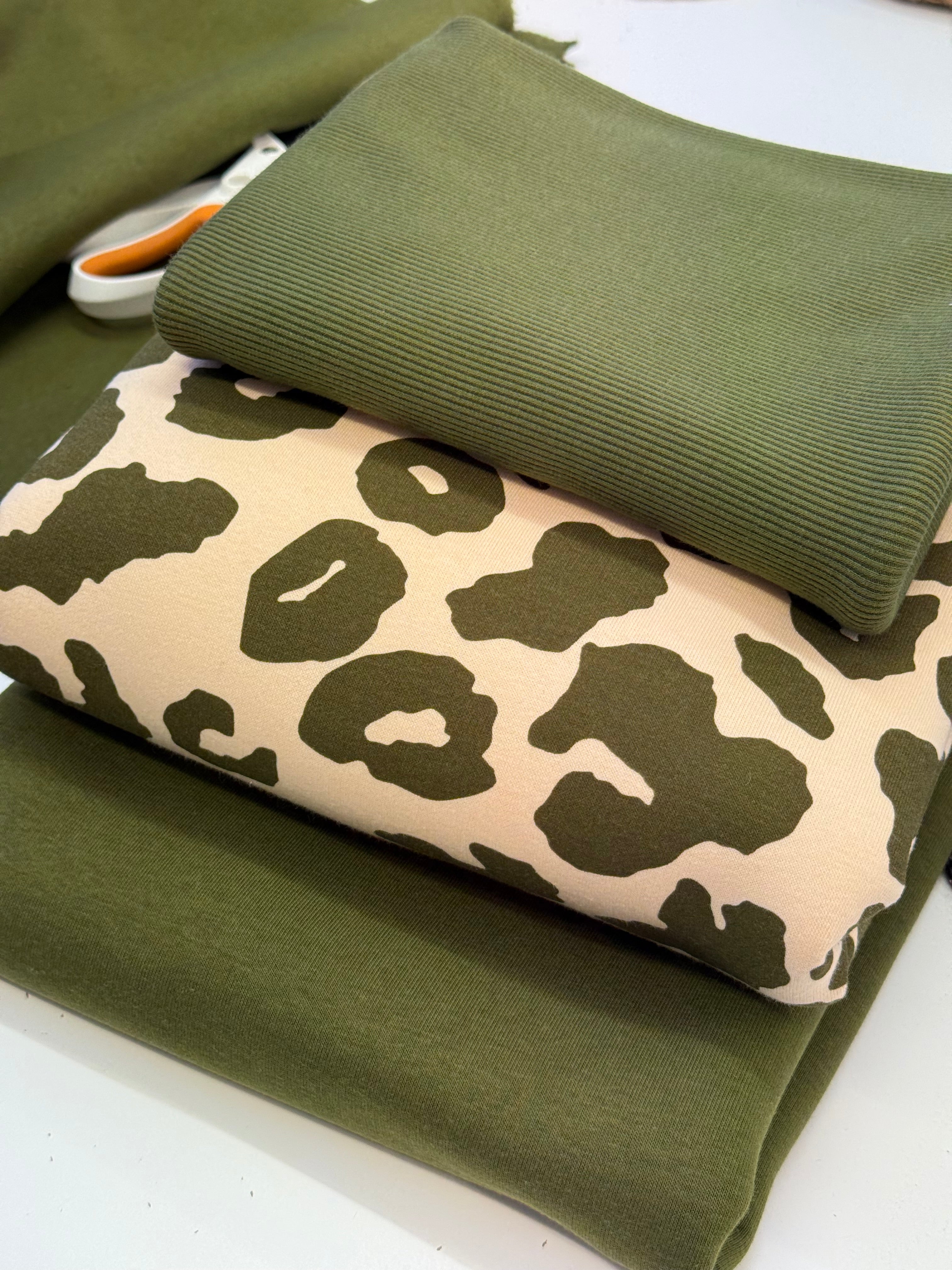 REMNANT 1.88 Metres (with some large stitch faults) Olive Branch Leopard Fleece-back Organic Cotton Sweat-Shirting