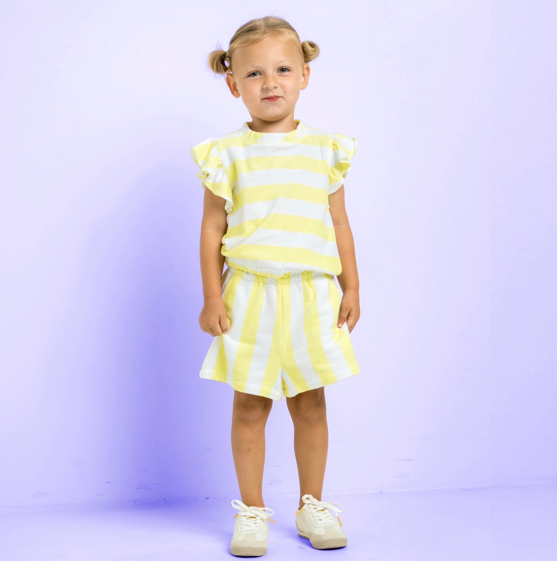 Cotton Towelling Terry Yellow Stripes on White