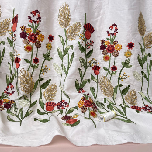 Floral Border Embroidered Cotton Fabric
