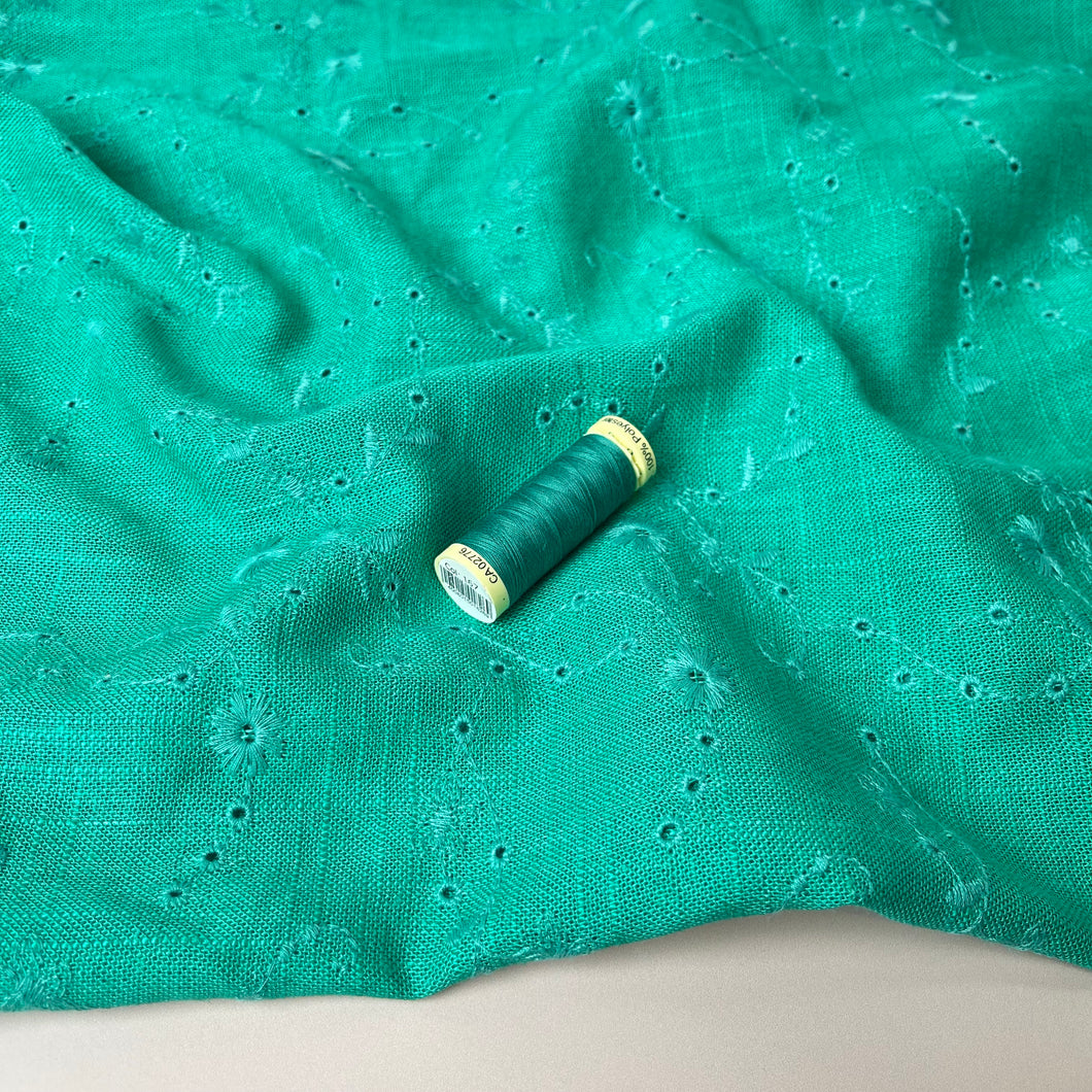 Floral Vines on Emerald Embroidered Viscose Linen Fabric