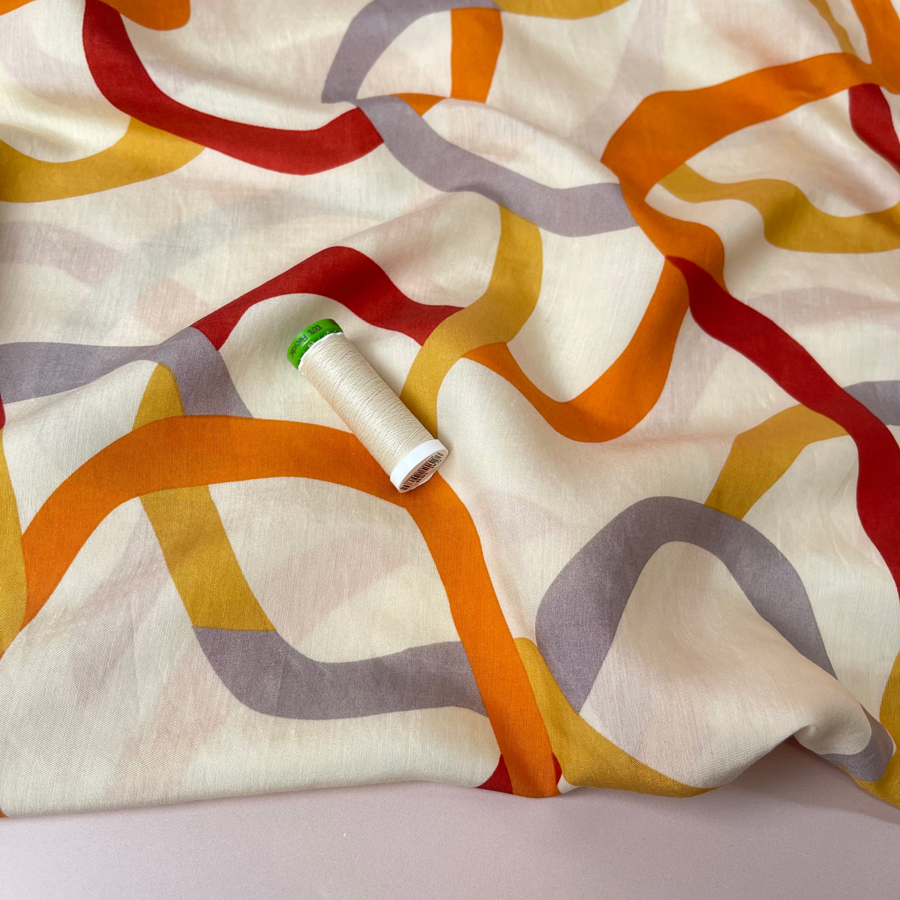 Rainbow Ribbons Gold Viscose Blend Fabric