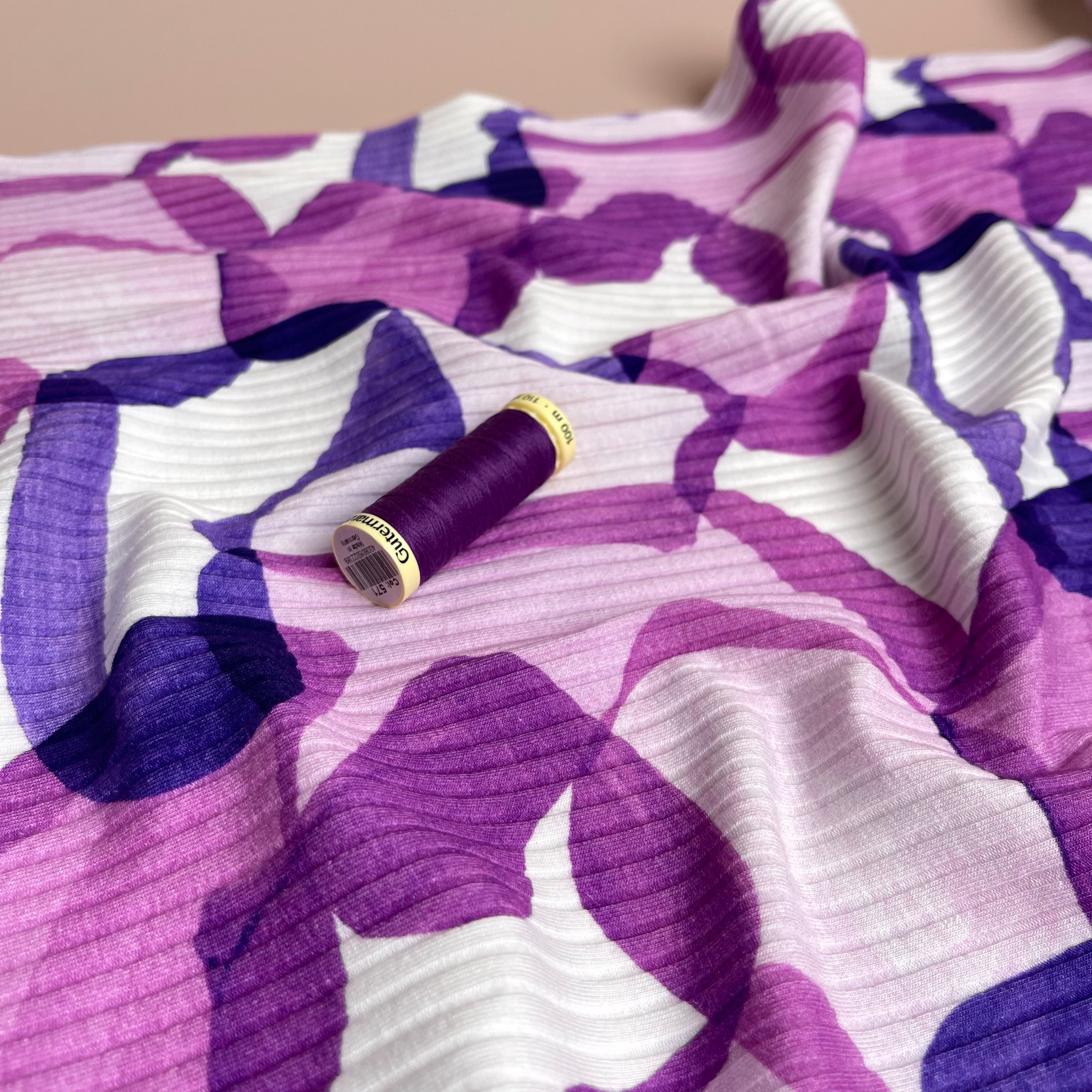 REMNANT 0.95 Metre - Abstract Shapes Purple Cotton Ribbed Jersey