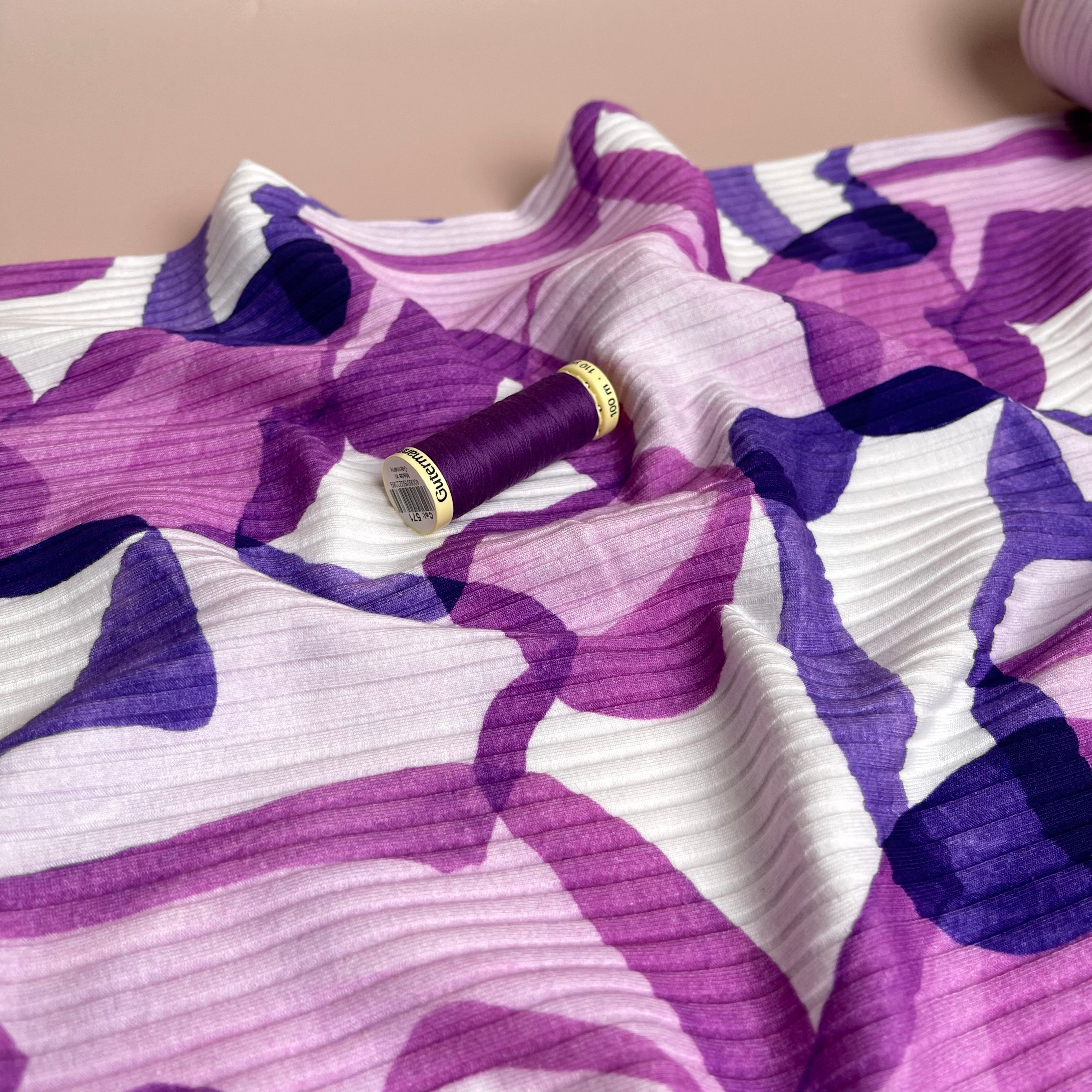 REMNANT 0.95 Metre - Abstract Shapes Purple Cotton Ribbed Jersey